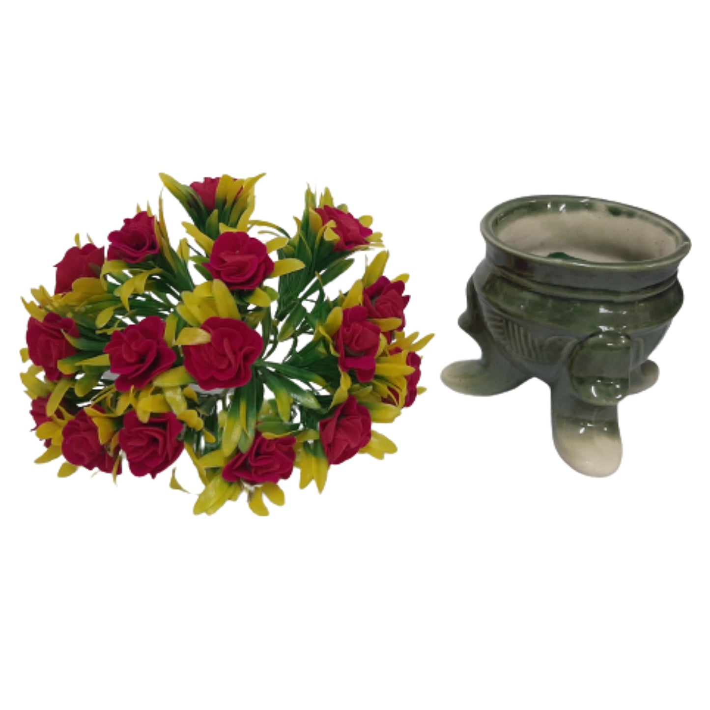 India Meets India Handmade Ceramic 3 Legs Pot Planter [Green] w/Artificial Flower, Decorative Planter for Home Décor/Living Room/Office/Dining Area and Windowsill, 4.5 x 4.5 inches