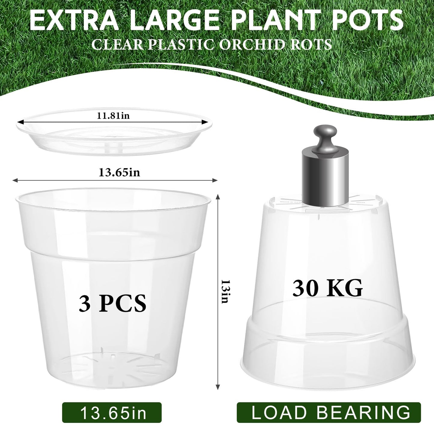 Baderke 3 Pack Clear Nursery Pot Plastic Nursery Pot Large Plant with Drainage Holes for Root Health Indoor Outdoor (13.65 Inch)