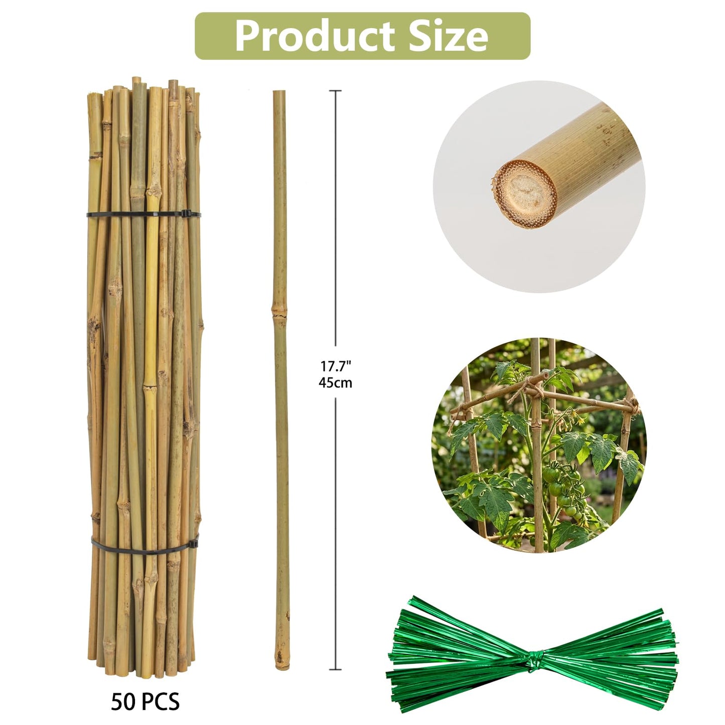 Plant Stakes Natural Bamboo Sticks - 50 Pcs Bamboo Garden Stakes for Plants 18 Inches Plant Support Sticks with Twist Ties for Tomatoes Beans Orchid Flowers Indoor Outdoor Potted Climbing Plants