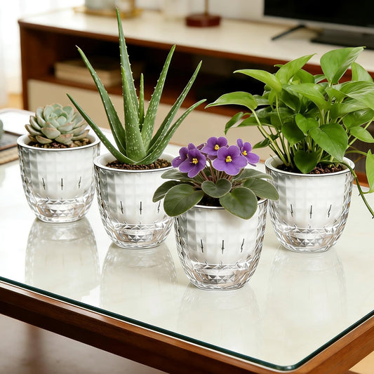 XKYQSY 4 Pack 4 inch Self Watering Pots Planters for Indoor Plants, African Violets Pots with Wick Rope, Modern Plastic Nursery Pots for All House Plants,Flowers Succulents,Herbs,Cactus,Orchids