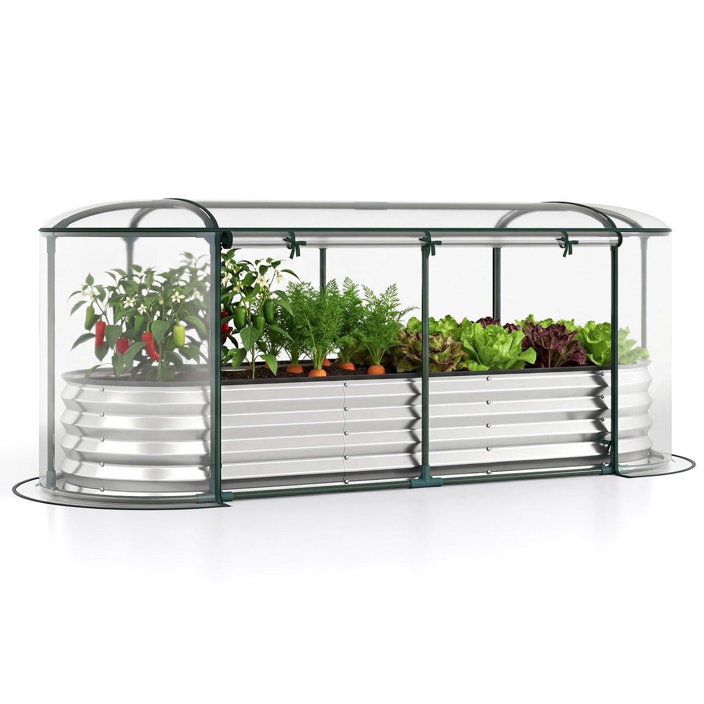 Giantex Raised Garden Bed w/Greenhouse Cover, Outdoor Oval Metal Steel Planter Box w/Roll-up Window, Clear PVC Mini Greenhouse for Vegetables Flowers Herbs Outdoor Patio Gardening, 6x2x1 FT (Silver)