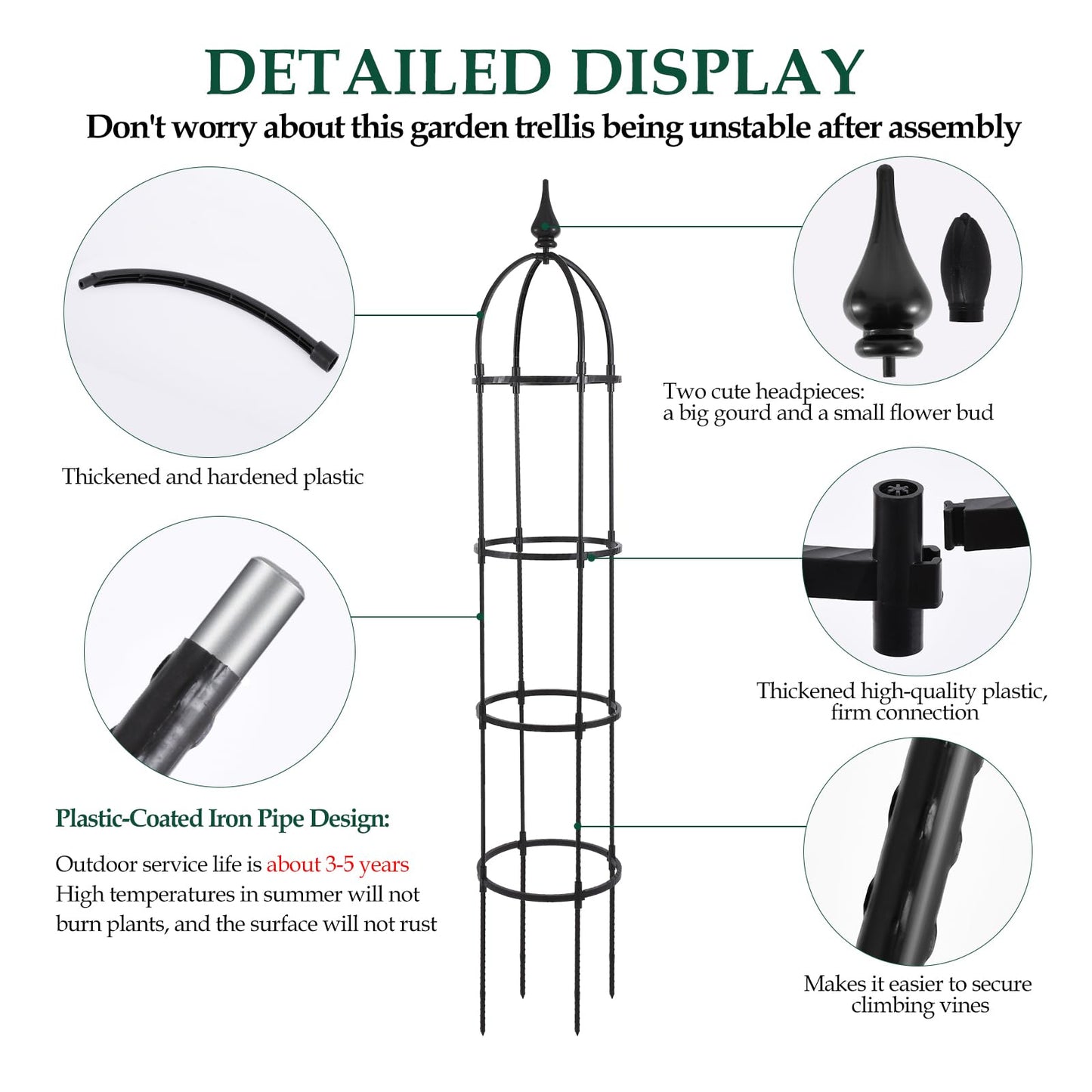 WellSign Garden Obelisk Trellis for Climbing Plants Outdoor, 6.6ft Tall Rustproof Coated Metal Plant Support with Garden Twist Tie for Tomato Cucumber Ivy Vines Rose Potted Plant Trellis 1 Pack