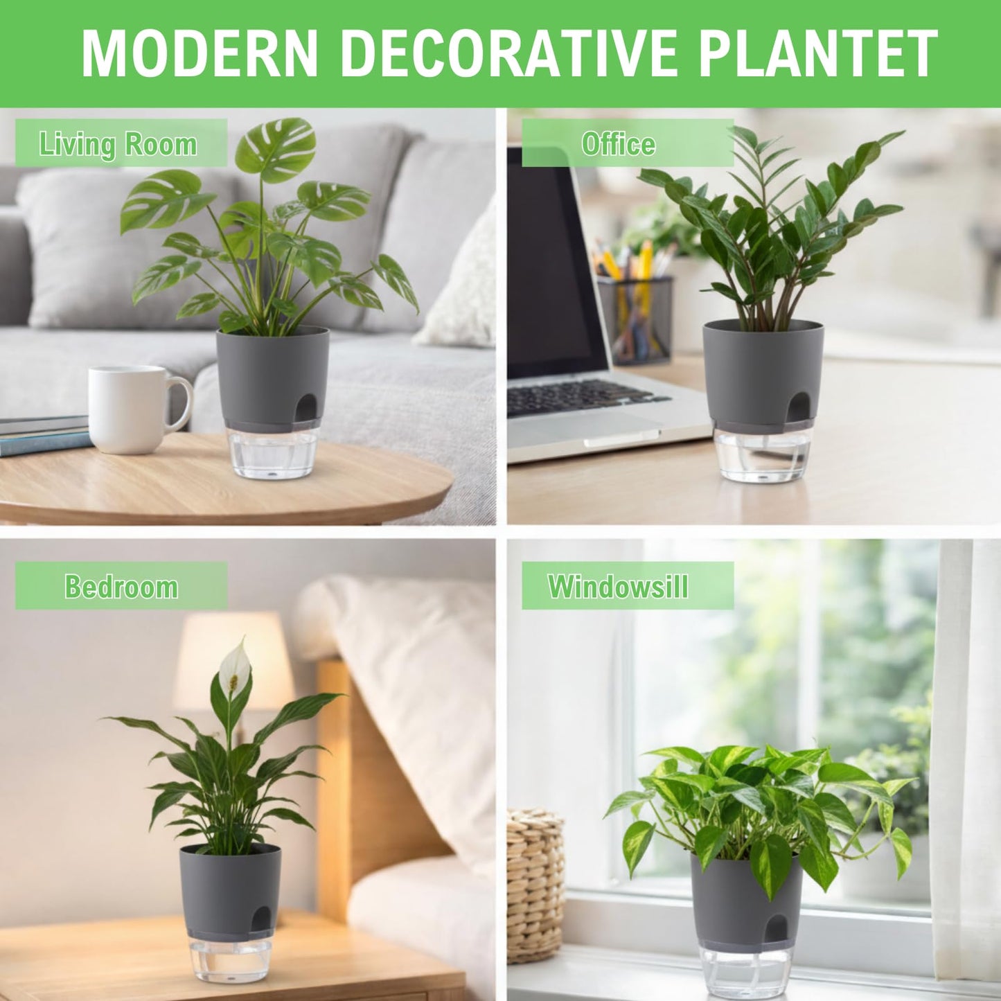 Thorkok 3.2 Inch Self Watering Planters Plastic Planter Pots 5 Pack Wicking Flower Pots Modern Decorative Planter for Small African Violets House Plants,Herbs,Indoor Outdoor Plant (Grey)