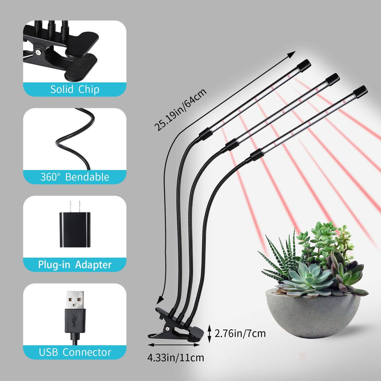 Black Grow Lights for Indoor Plants, 126LEDs Clip Plant Lights, Full Spectrum LED Plant Growing Lamps with Flexible Gooseneck, 4/8/12/18H Timer, 3 Spectral Modes, 10 Dimmable Levels, 3 Head 1 Pack
