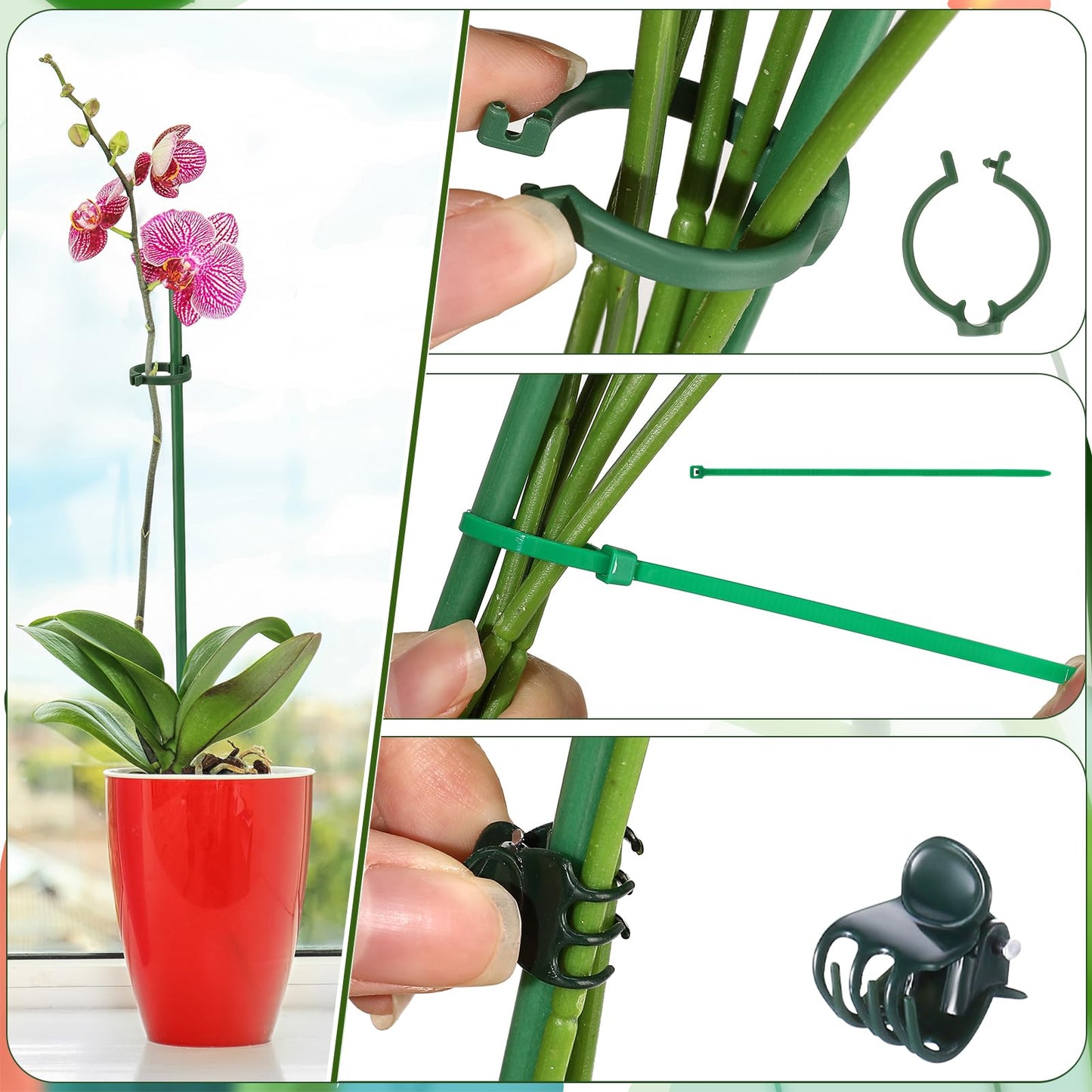 Hoemwarm 30 Pcs Adjustable Plant Sticks, 12 in Plant Support Sticks Plant Support Stakes with Orchid Clips Garden Ties Plant Support Cage for Potted Plants Indoor Orchid Flower Tomato, Green
