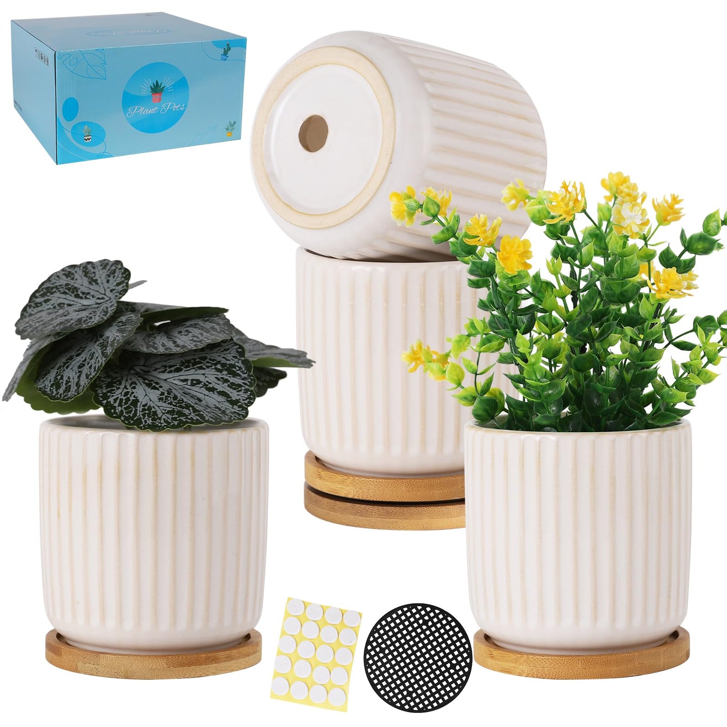 TAMAYKIM 4 Inch Ceramic Plant Pots with Drainage Holes, Modern Vertical Pattern Flower Planter with Saucer for Indoor Plants, Succulent, Cactus & Herbs, White, Set of 4 (Plants Not Included)
