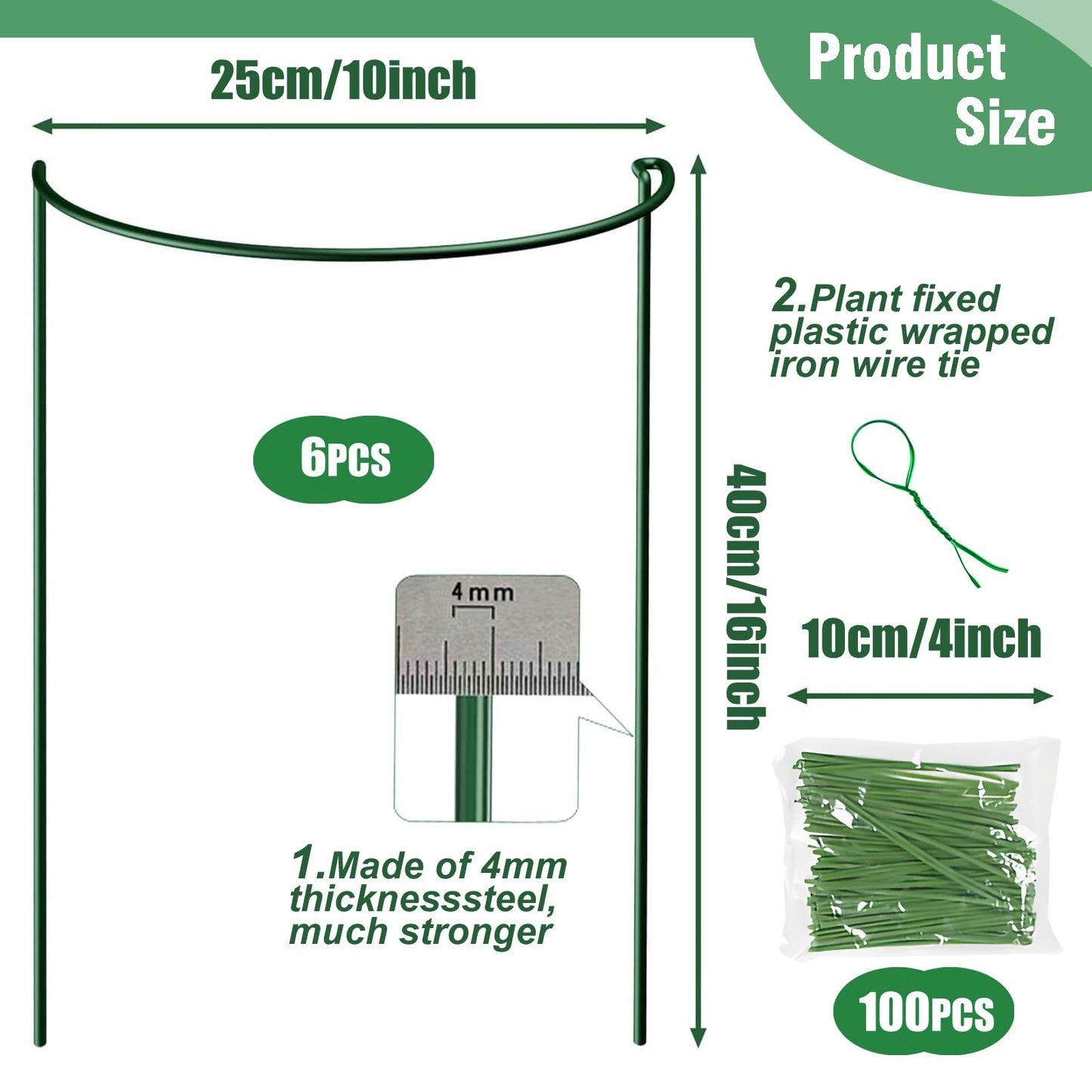 LINGHUI 6 Pack Plant Support Stakes, 10" Wide x 16" High,Heavy-Duty Half Round Peony Support Ring and Cage for Indoor and Outdoor Plants, Peony, Tomato, Hydrangea, Rose(100 Plant Ties)