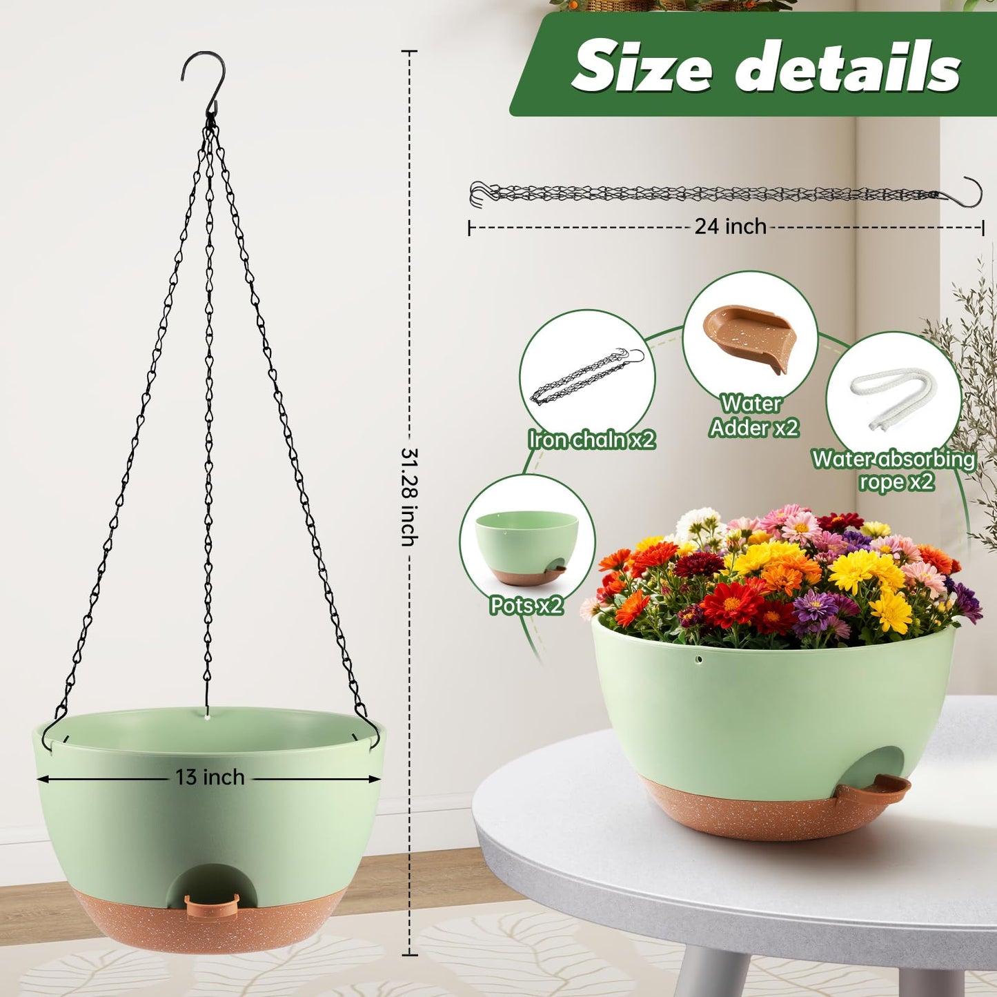 WUCEIAUU 13-inch Oversized Hanging Planter Set of Two,Planters for Indoor and Outdoor Plants.Place Plant pots Across Diverse Settings Including windowsills,Living Room,and Gardens.Green-Brown