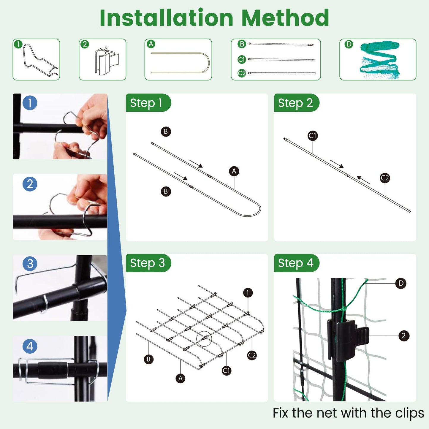 Toolsempire 71" x 71" Cucumber Trellis for Raised Bed, Garden Arch Trellis Metal Plant Support Frame with Netting, Sure-Clips & Ground Stakes, U-Shaped Garden Trellis for Climbing Plants Outdoor