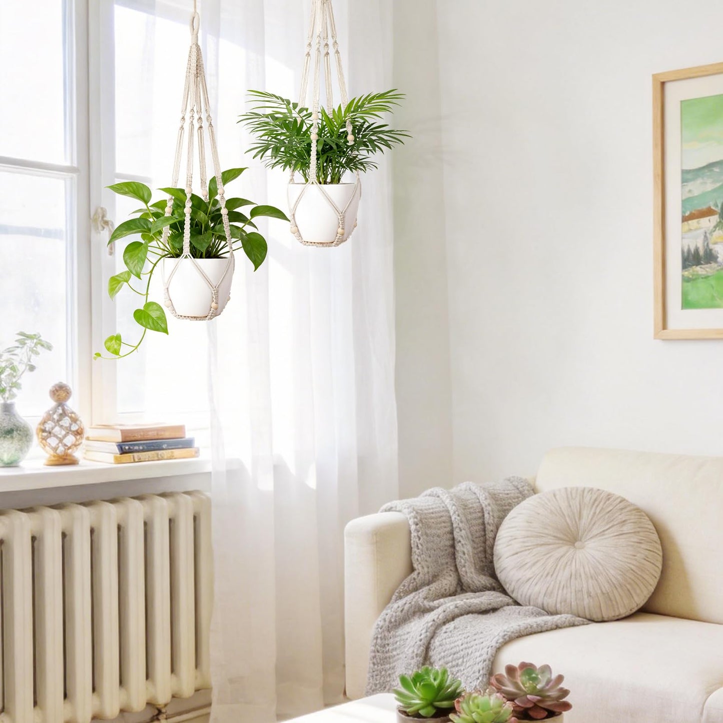 Dahey Set of 2 Macrame Plant Hanger Indoor Hanging Planter Basket with Hooks Flower Pot Plant Holder No Tassels for Boho Home Decor, 35 Inch