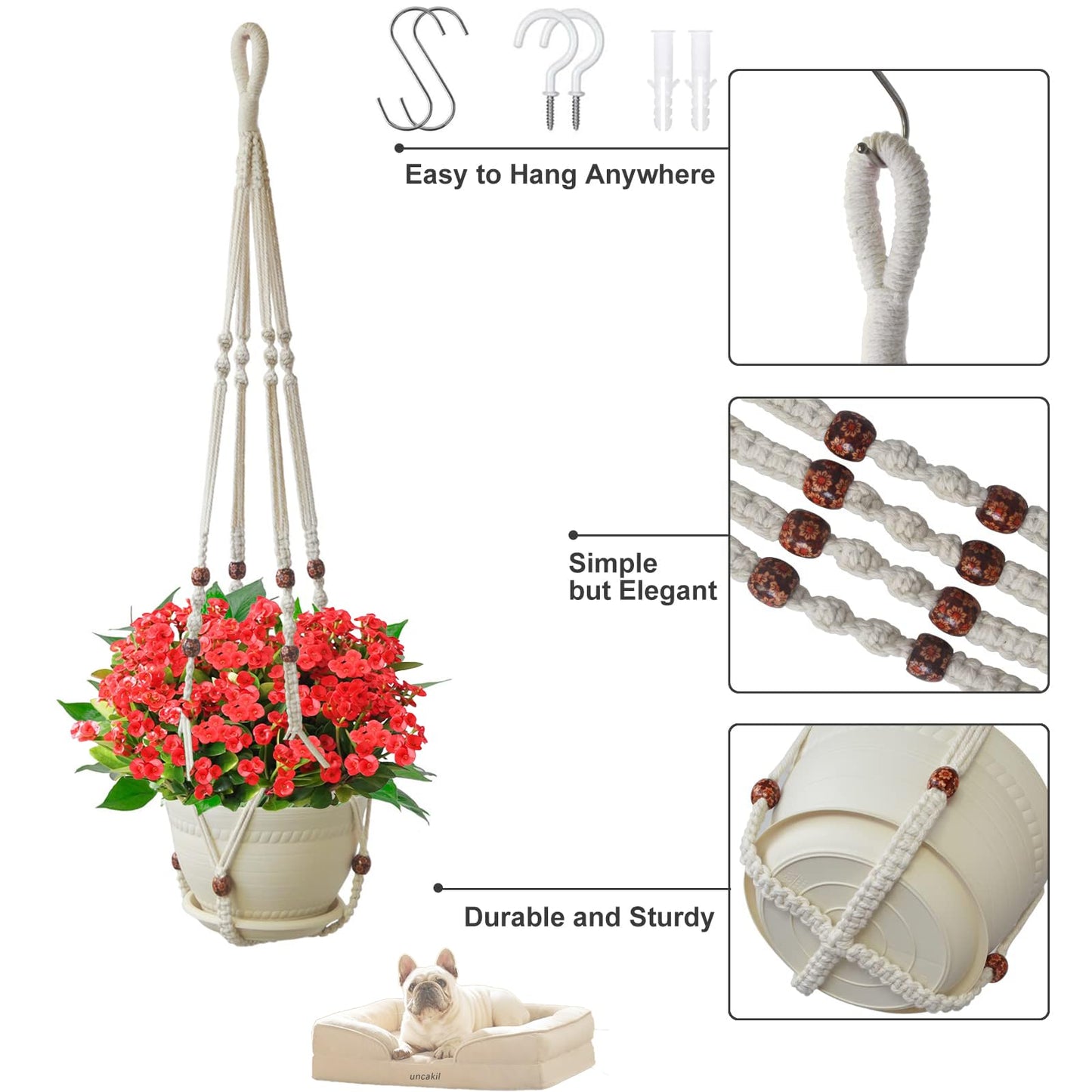 uncakil 43 Inch Macrame Plant Hanger Hanging Planters for Indoor Plants Plant Pots Hangers for Live Plants,Outdoor Garden Home and Boho Wall Home Ceiling Decor,Ivory,2 Sets(Planter Pot Not Included)