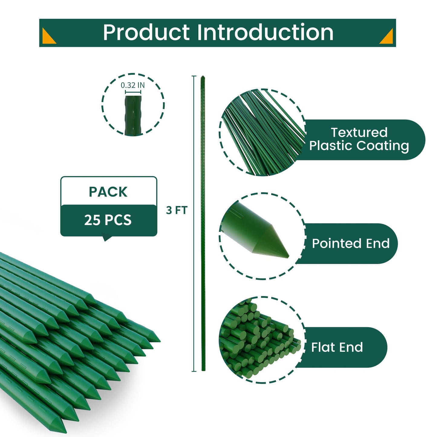 PROWORX 36 Inch 3 Ft Plant Support Garden Stakes 25 PCS, Sturdy Steel Plastic Coated Sticks for Outdoor Growing Climbing, Tomato, Trees, Cucumber, Beans