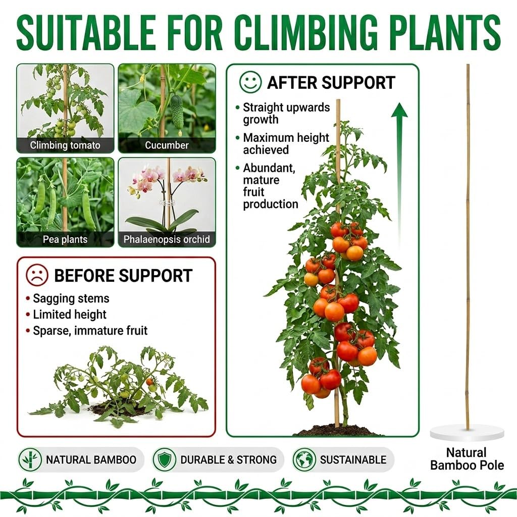 Plant Stakes Natural Bamboo Sticks - 25 Pcs Bamboo Garden Stakes for Plants 4 FT Plant Support Sticks with Twist Ties for Tomatoes Grapes Beans Flowers Indoor Outdoor Potted Climbing Plants