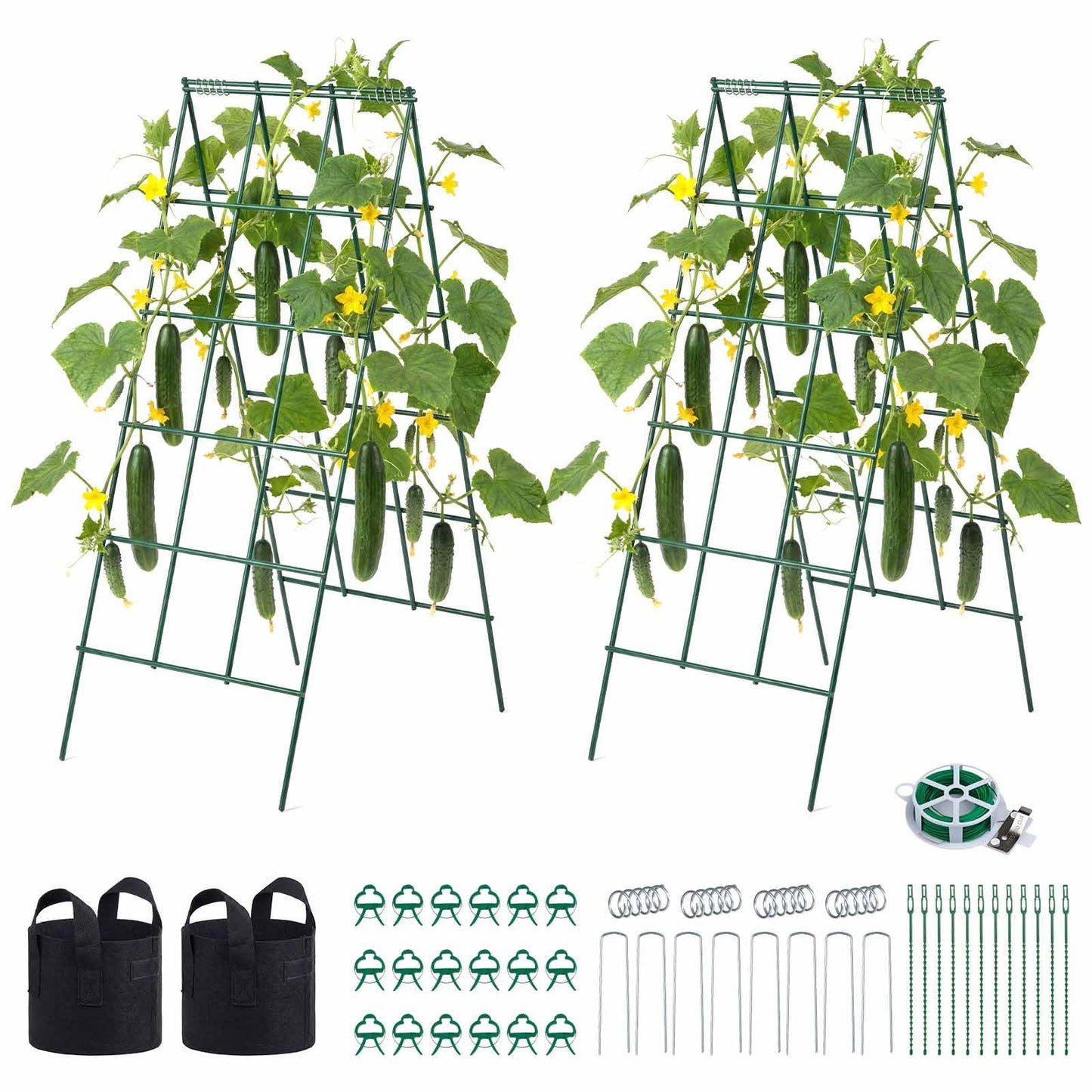 VEVOR Cucumber Trellis, 46" High Foldable A-Frame Garden Trellises for Raised Bed, 4 Panels, Metal Rustproof Outdoor Climbing Plant Support with 2 Plant Bags for Vine, Peas, Beans, Tomato, Flowers
