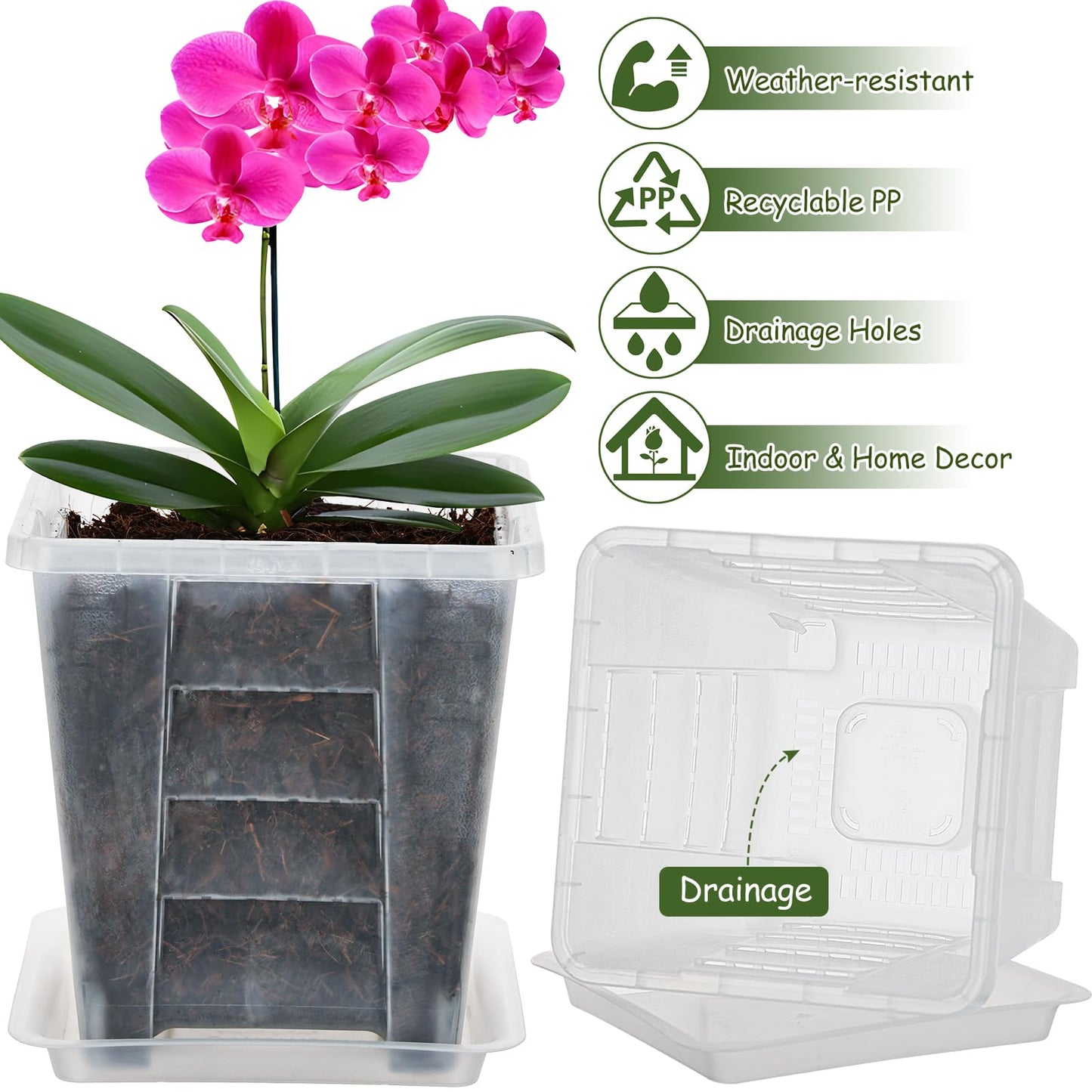 KIMERSE Square Orchid Pot, Clear Flower Pot 6 Pack 6 Inch, Root Control Planting Pots with Tray, Plastic Plant Pot for Home Balcony Orchids, Water Moss, Spider Plants