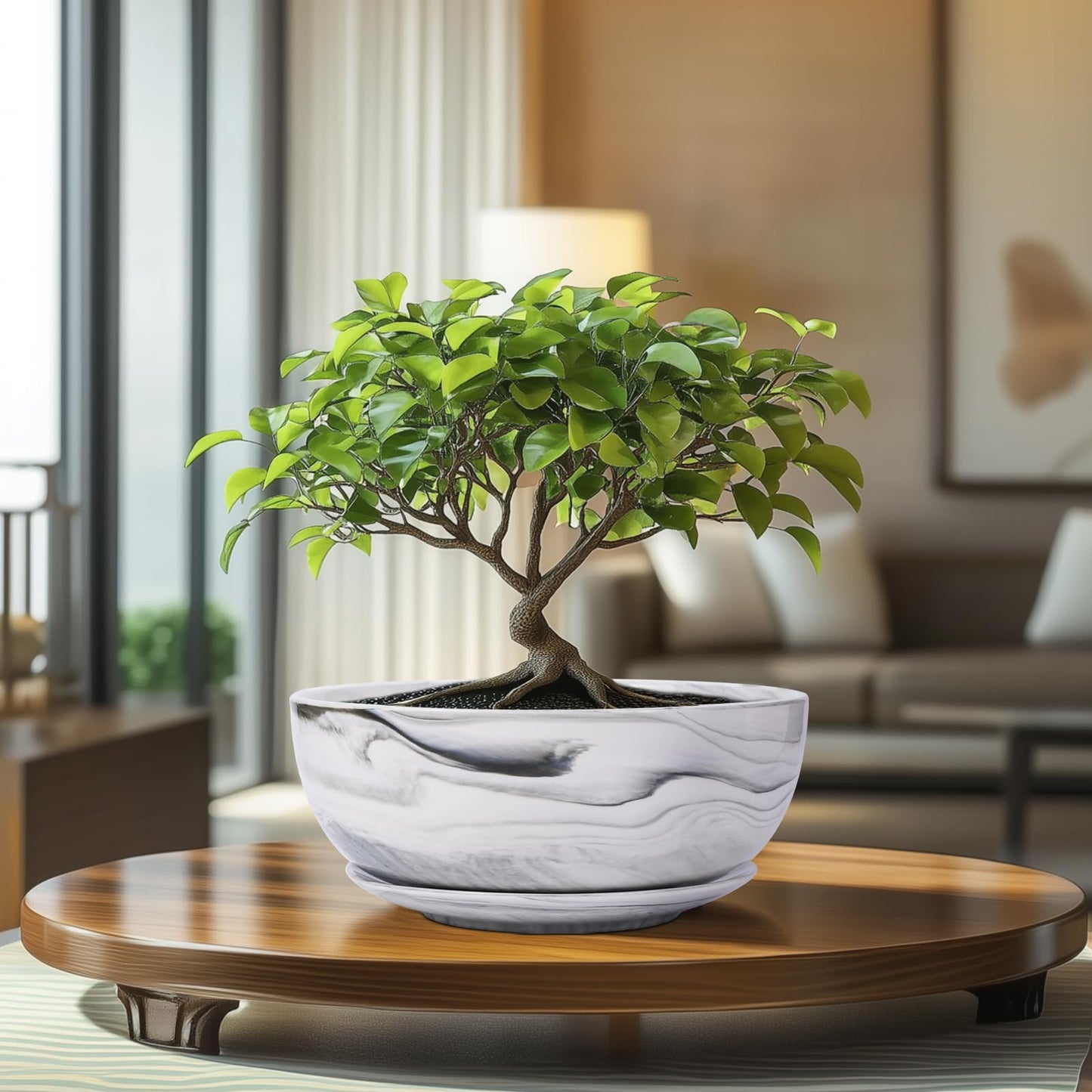 G EPGardening Bonsai Pots, 8 Inch Marble Pattern Ceramic Succulent Pot with Drainage Hole and Plant Saucer, Large Round Planter for Indoor Outdoor Plants, Modern Flower Pot, Plants Lovers Gifts, Grey