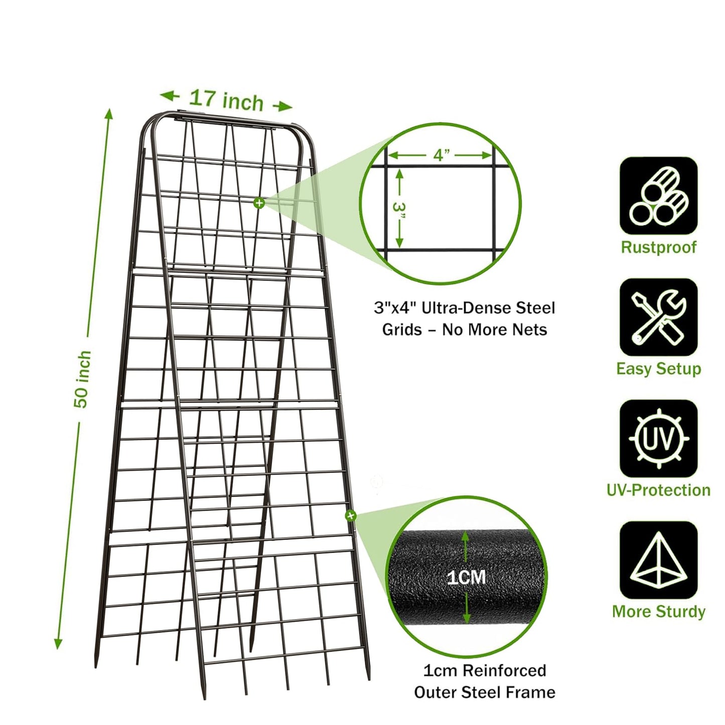 Heavy Duty 50"x17" Adjustable A-Frame Trellis for Climbing Plants – Rust-Proof Metal Garden Trellis with Dense Grid Design, Perfect for Raised Beds, Tomatoes, Cucumbers & Outdoor Vines (Black, 1 Pcs)