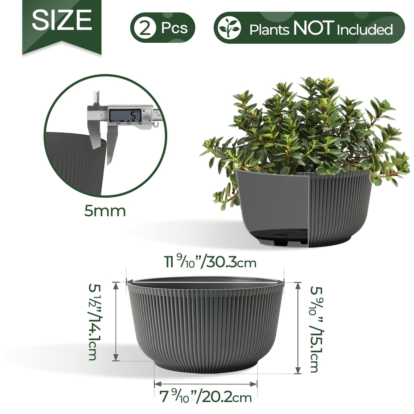 T4U 12 Inch Self Watering Pots for Indoor Plants, 2 Pack Large Plant Pots, Self Watering Planter for Indoor Plants, Durable Plastic Pots (2 Pack,12", Gray)