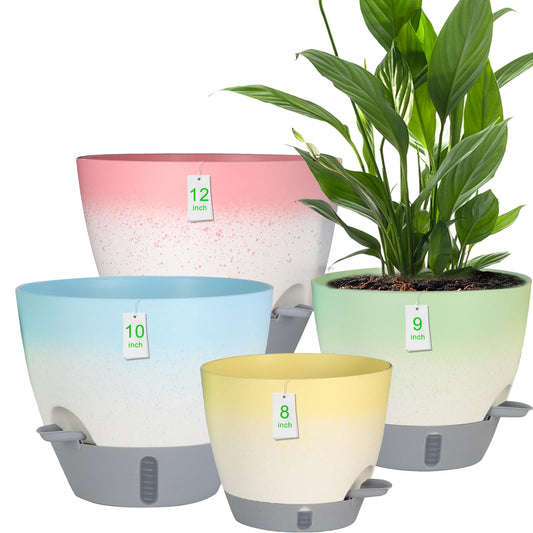 YUNLINGAA 4-Piece Planter Set, 12/10/9/8-inch Self-Watering Pots with Drainage Holes, Deep Trays, Water Level Indicators, Suitable for Plants (12/10/9/8-inch, White Gradient Design)