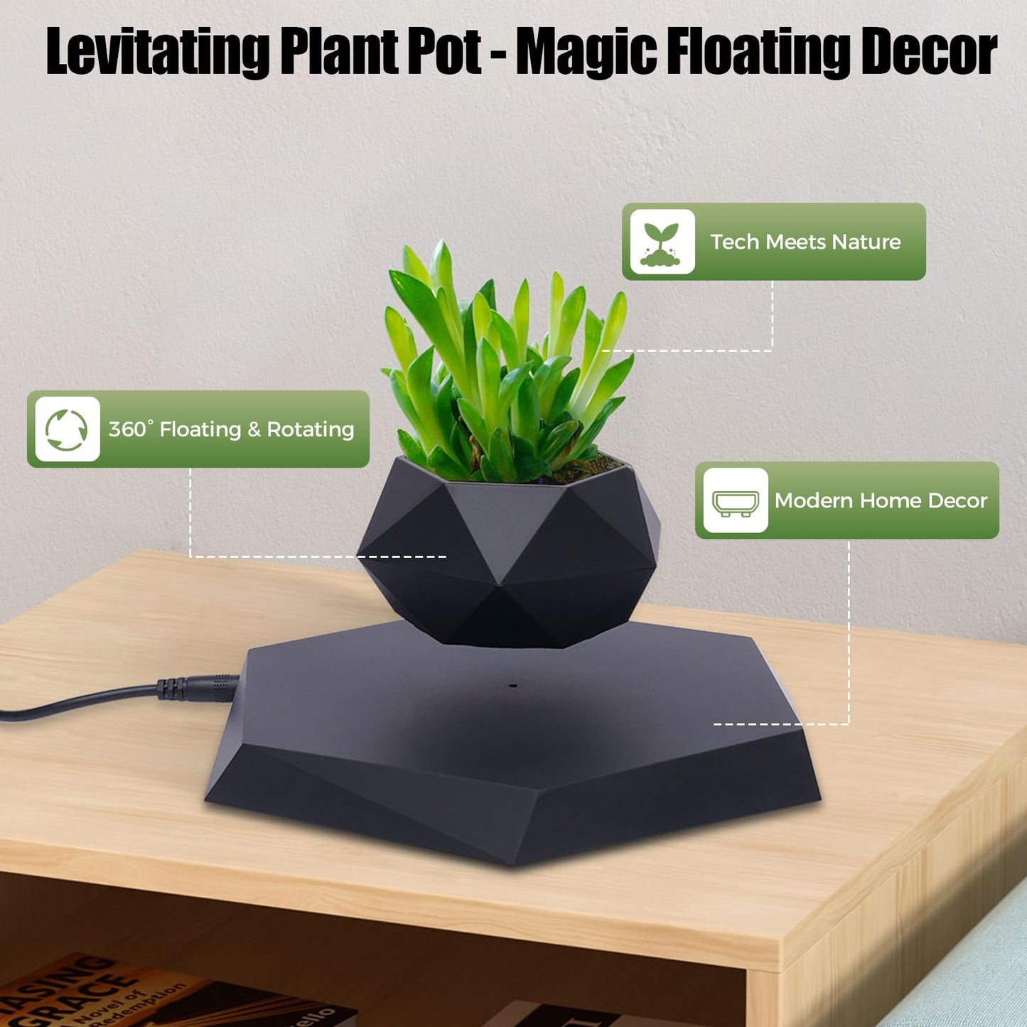 Bacacoo Rotation Flower Pot, Magnetic Levitating Plant Pot for Air Plants,Floating Plant Pot,Rotating Air Bonsai Planter Flower Pot for Home Living Room Office Desk (Black)