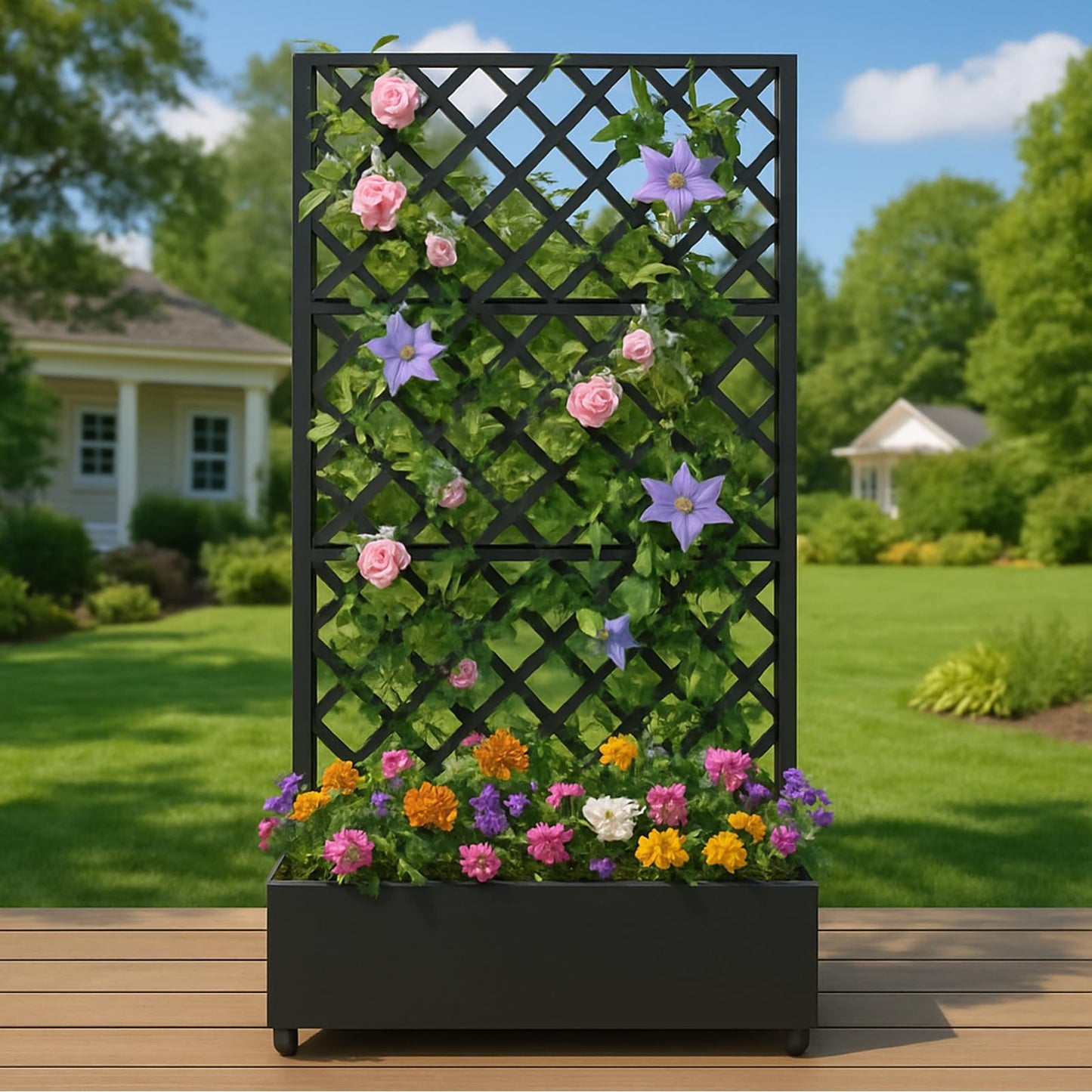 IDEALHOUSE Metal Planter Box with Trellis, 72"x35"x15.7" Galvanized Raised Garden Bed on Wheels with Drainage Holes, Outdoor Planter for Climbing Plants Vines & Privacy Screen, Diamond Lattice