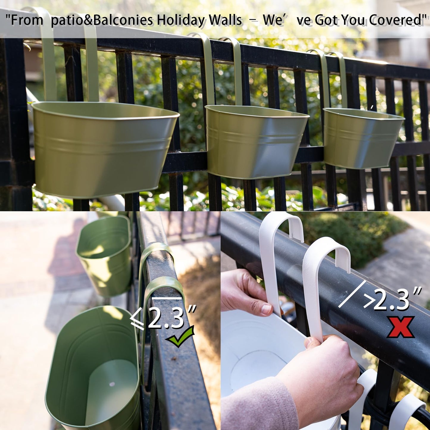 pansparade 3 Pack Metal Hanging Flower Pots for Railing Fence，Outdoor Balcony Rail Planter with Detachable Hooks Drainage Holes for Deck Garden Home Decor Green