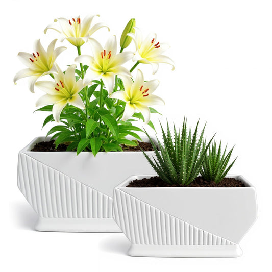 OXART Ceramic Plant pots Indoor Pots Set with Drainage Holes, 12+9 inch Flower Pot Rectangle Planters Pots for Plants for Plants Lilies, Cacti, Succulents, and Pothos, No Trays (White-1)