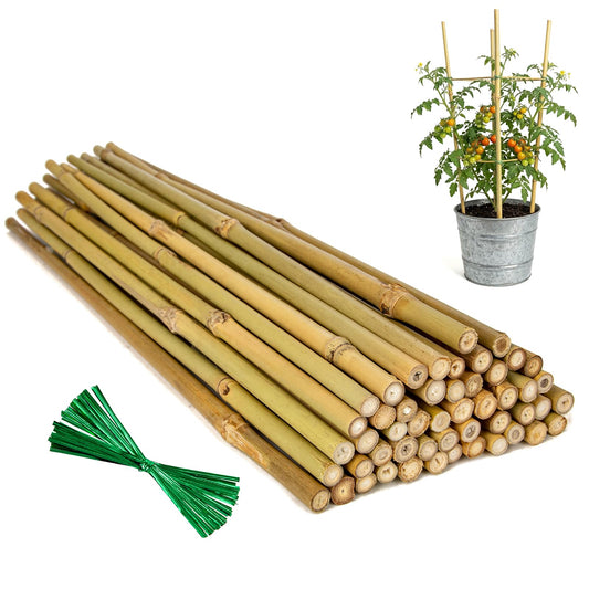 Plant Stakes Natural Bamboo Sticks - 50 Pcs Bamboo Garden Stakes for Plants 18 Inches Plant Support Sticks with Twist Ties for Tomatoes Beans Orchid Flowers Indoor Outdoor Potted Climbing Plants