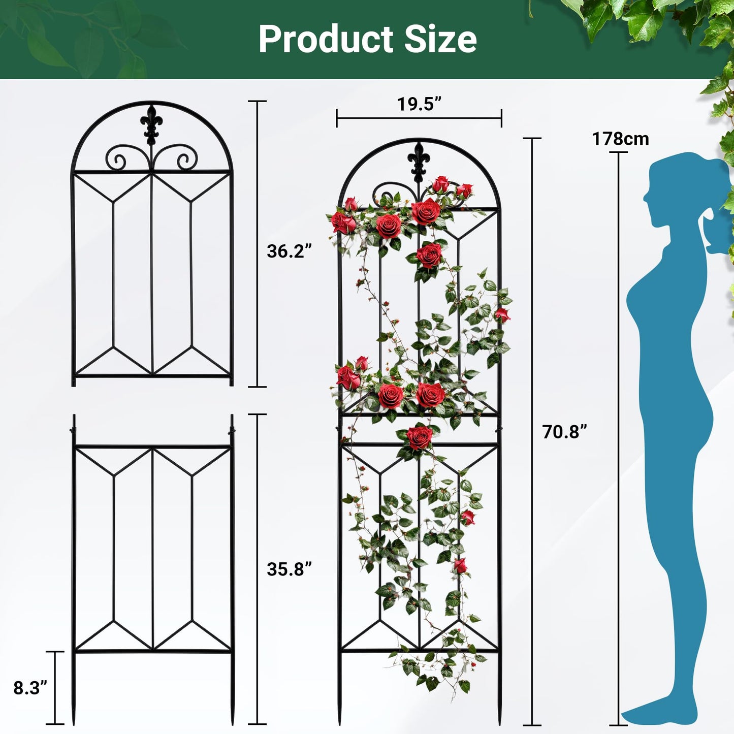 Toriexon Metal Trellis Outdoor 70.8" x 19.5", Trellis for Climbing Plants Outdoor, Rustproof Metal Garden Trellis for Vine Cucumbers, Vegetables, Flower Support