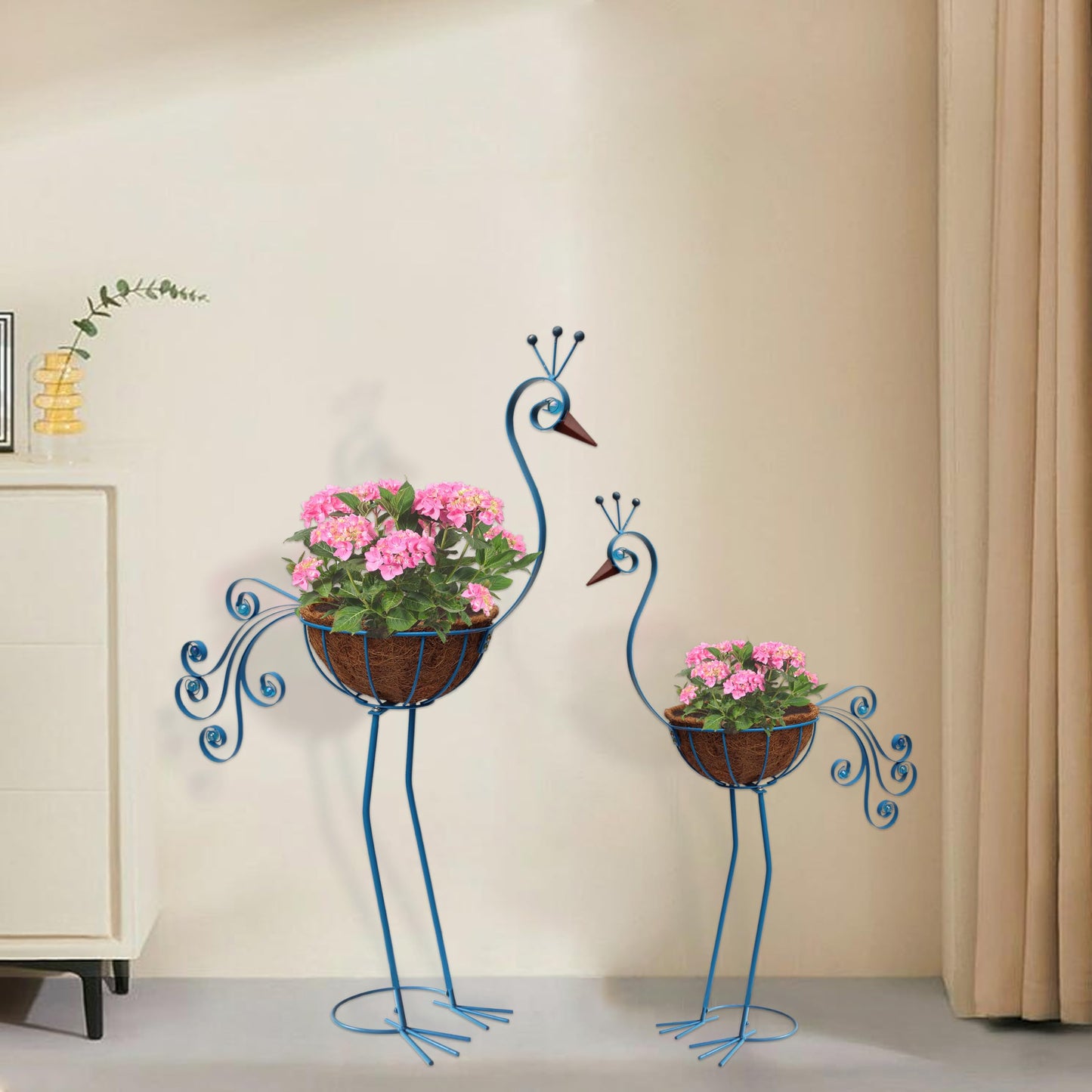 COOZZYHOUR Metal Peacock Planter with Fiber Basket -Garden Bird Planters for Outdoor Indoor Lawn,Yard,Porch,Patio, Garden Decorations（Set of 2）