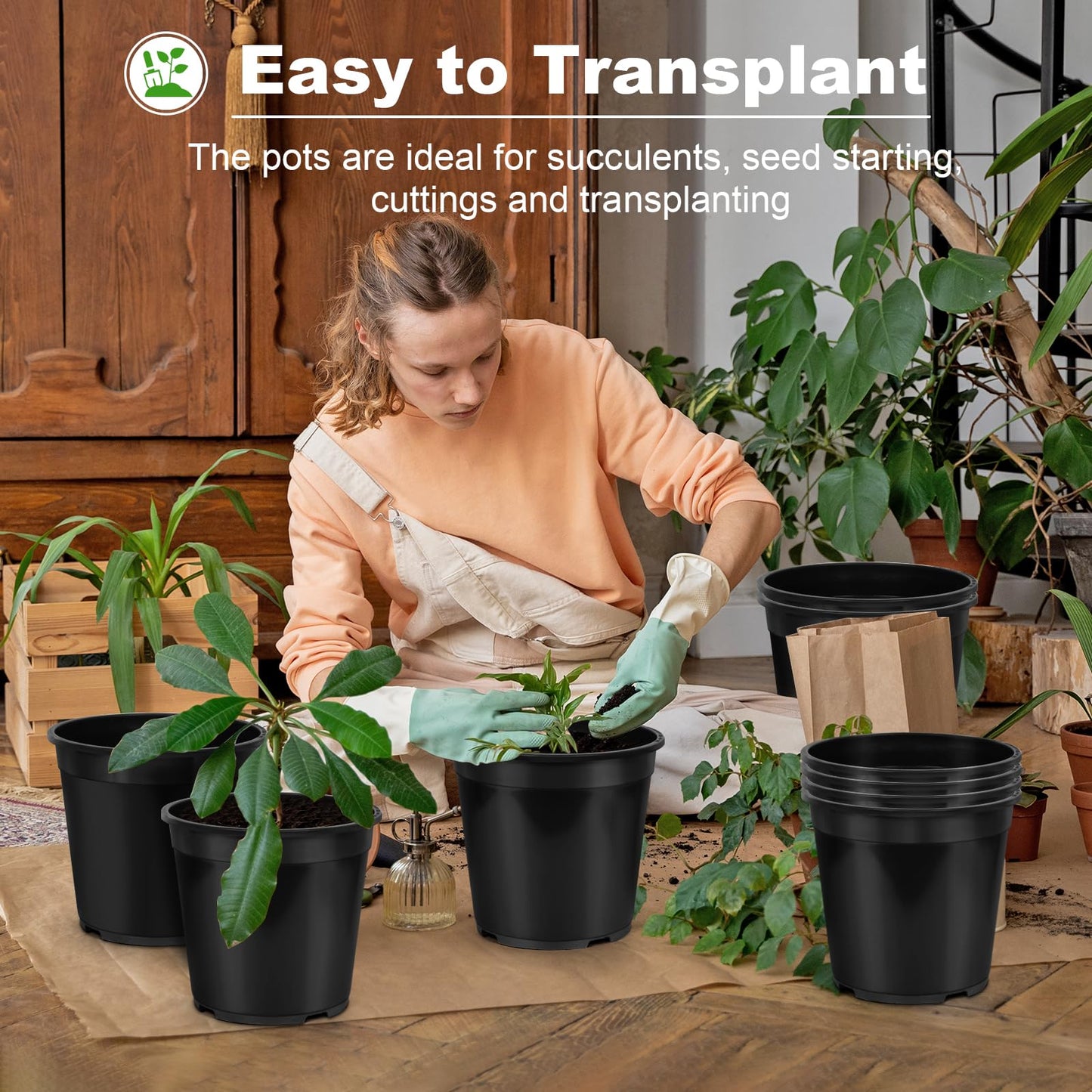 DUNPUTE 4 Pack 7 Gallon Pots for Plants, 7 Gallon Plastic Nursery Pot with Drainage Holes, Sturdy Plastic Plant Pots for Nursery Garden, Flowers, Succulent Outdoor Indoor (Black, 7 Gal- 4 Pack)