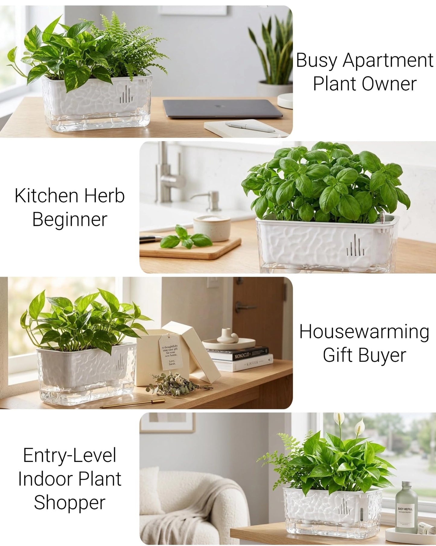 11 Inch Self Watering Plant Pots for Indoor Plants, 4 Packs rectangle planter with Drainage Tray and Rope, Window Boxes Planters for Indoor Outdoor Garden Plants, African Violet, Herbs, Succulents