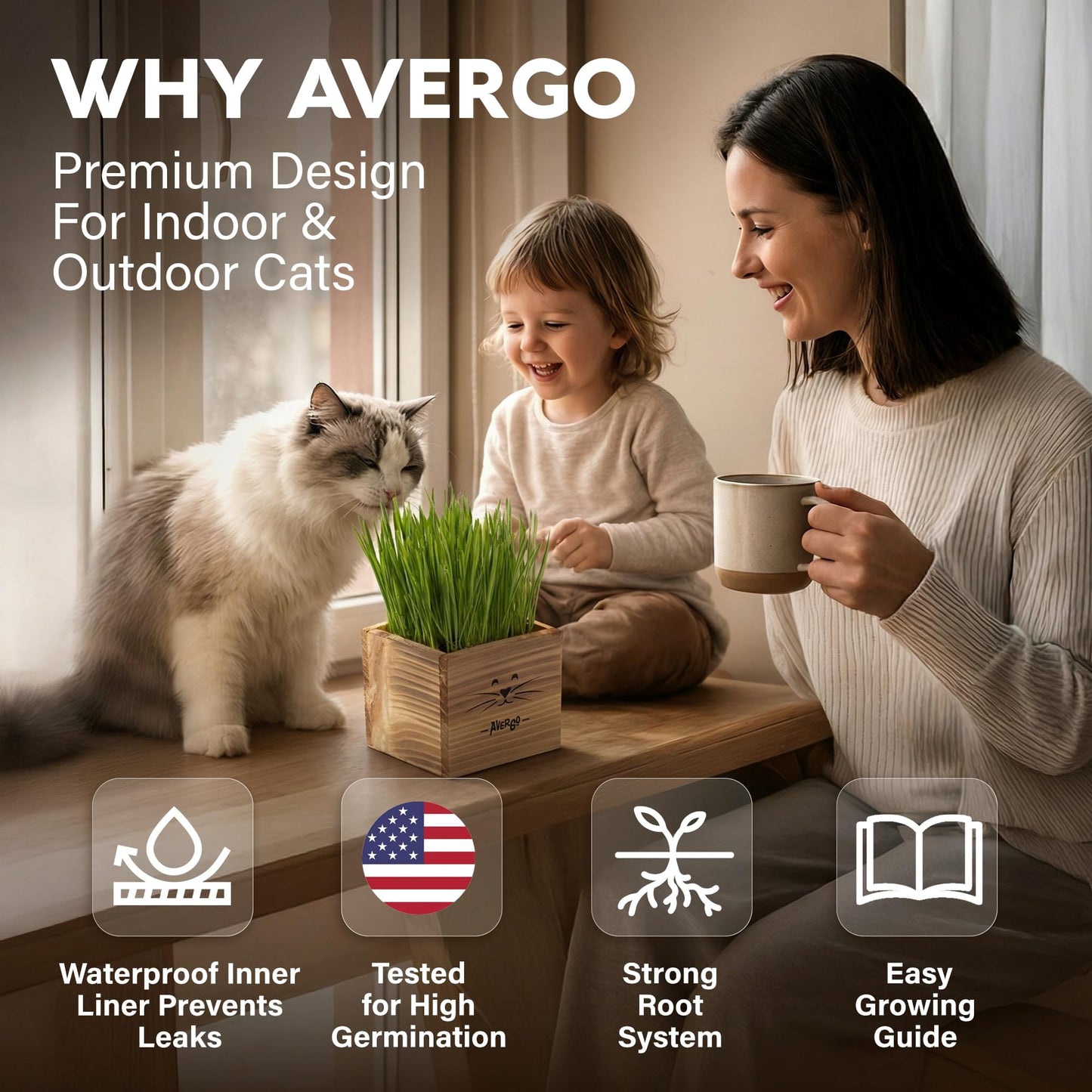 Cat Grass Kit for Indoor Cats – x2 Seed Packets | Cat Grass Seeds with Wooden Planter & Soil for Nipping & Nibbling – Pet Wheatgrass Grass
