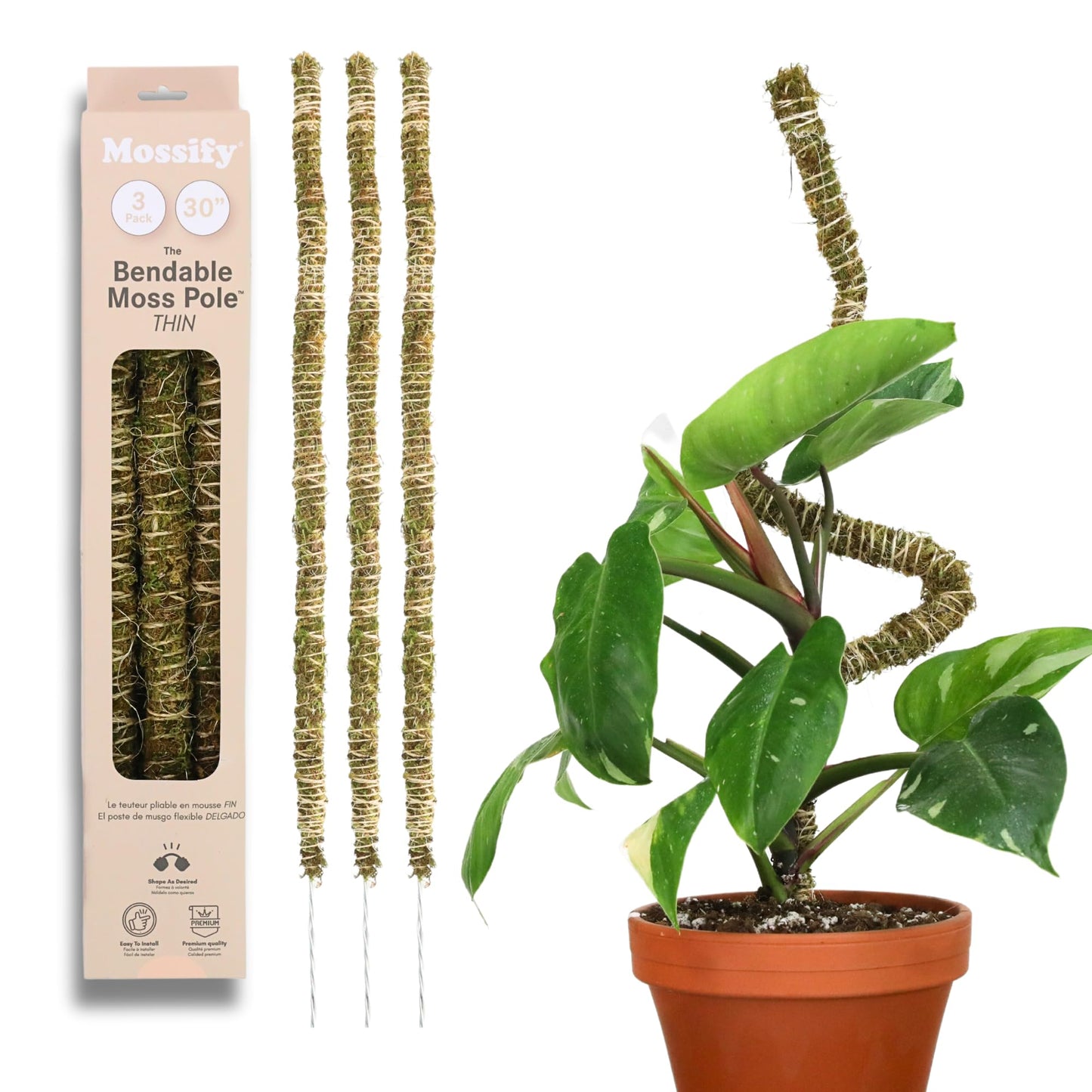 Mossify Bendable Moss Pole 3 Pack 30'', Monstera Plant Support - Natural Forest Moss Poles for Climbing Plants - Flexible & Thin Plant Sticks for Monstera Support - Indoor & Outdoor Plants Mosses Pole
