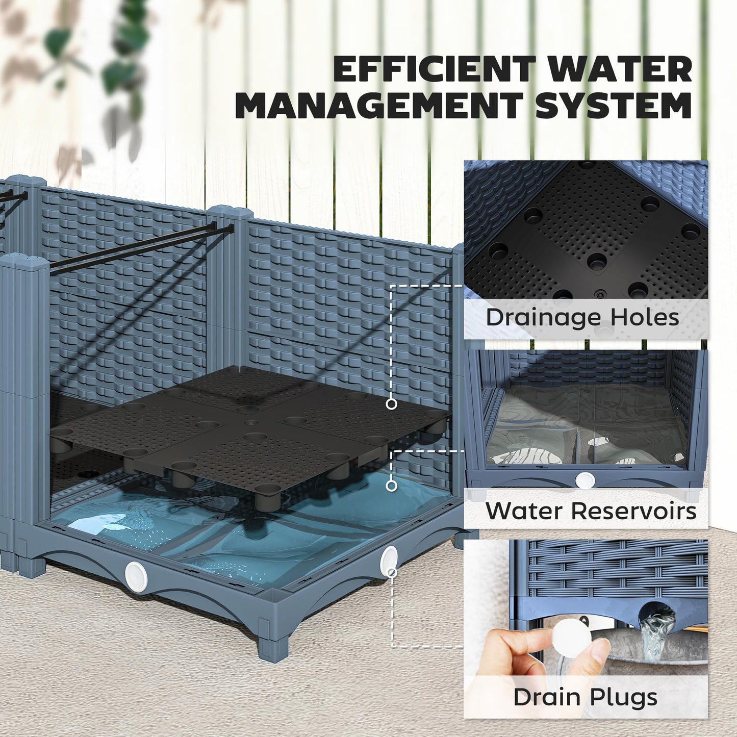 Outsunny 5 x 1 x 1 ft Raised Garden Bed, Indoor Outdoor Plastic Planter Box with Drainage Holes, Drain Plugs and Water Reservoirs for Vegetables, Herbs, Flowers & Succulents, Blue