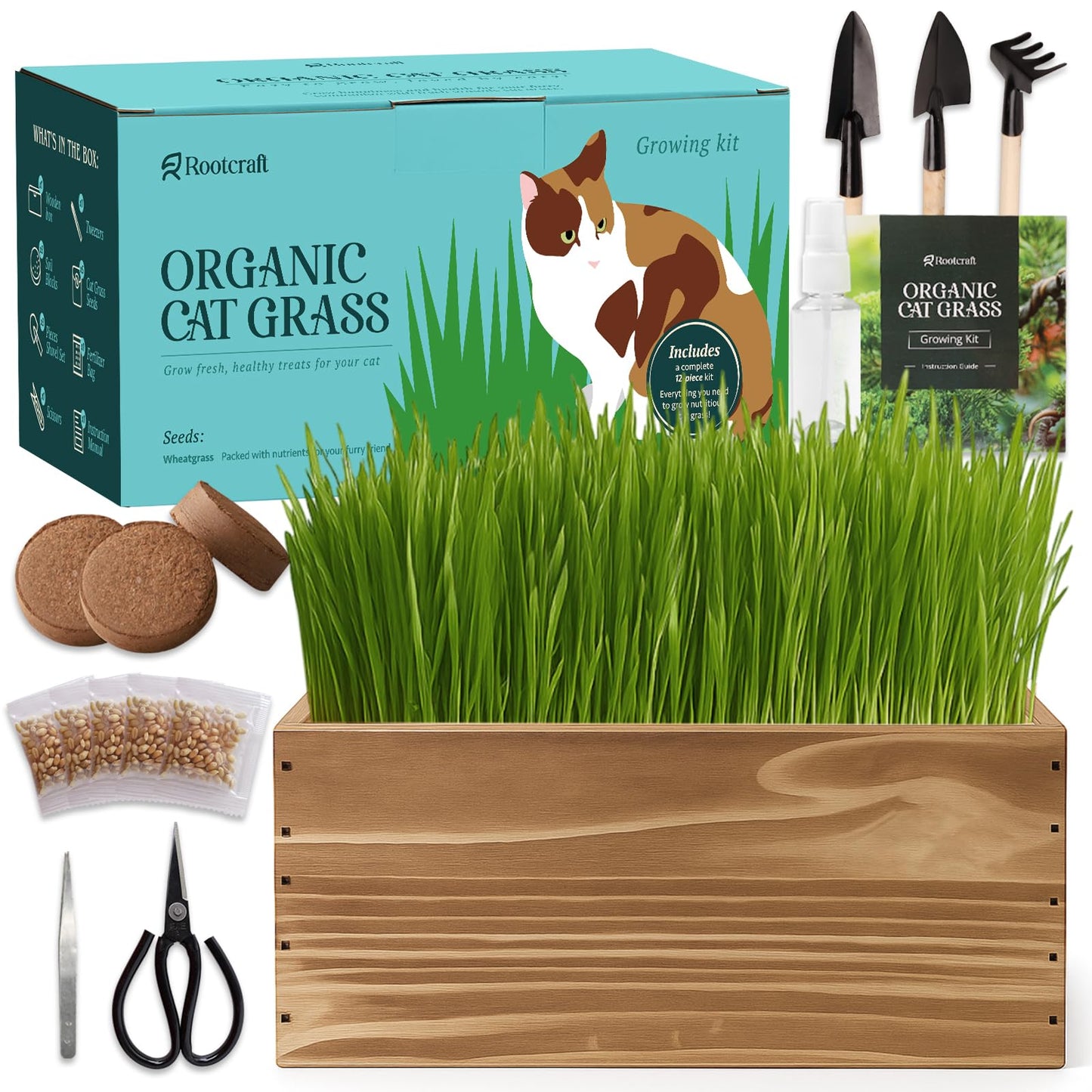 5-Pack Cat Grass Kit for Indoor Cats with Wood Planter, Grow Organic Non-GMO Wheat Grass in 4-7 Days, Aids Digestion & Hairball Control, Ideal Birthday Gift for Cat Lovers