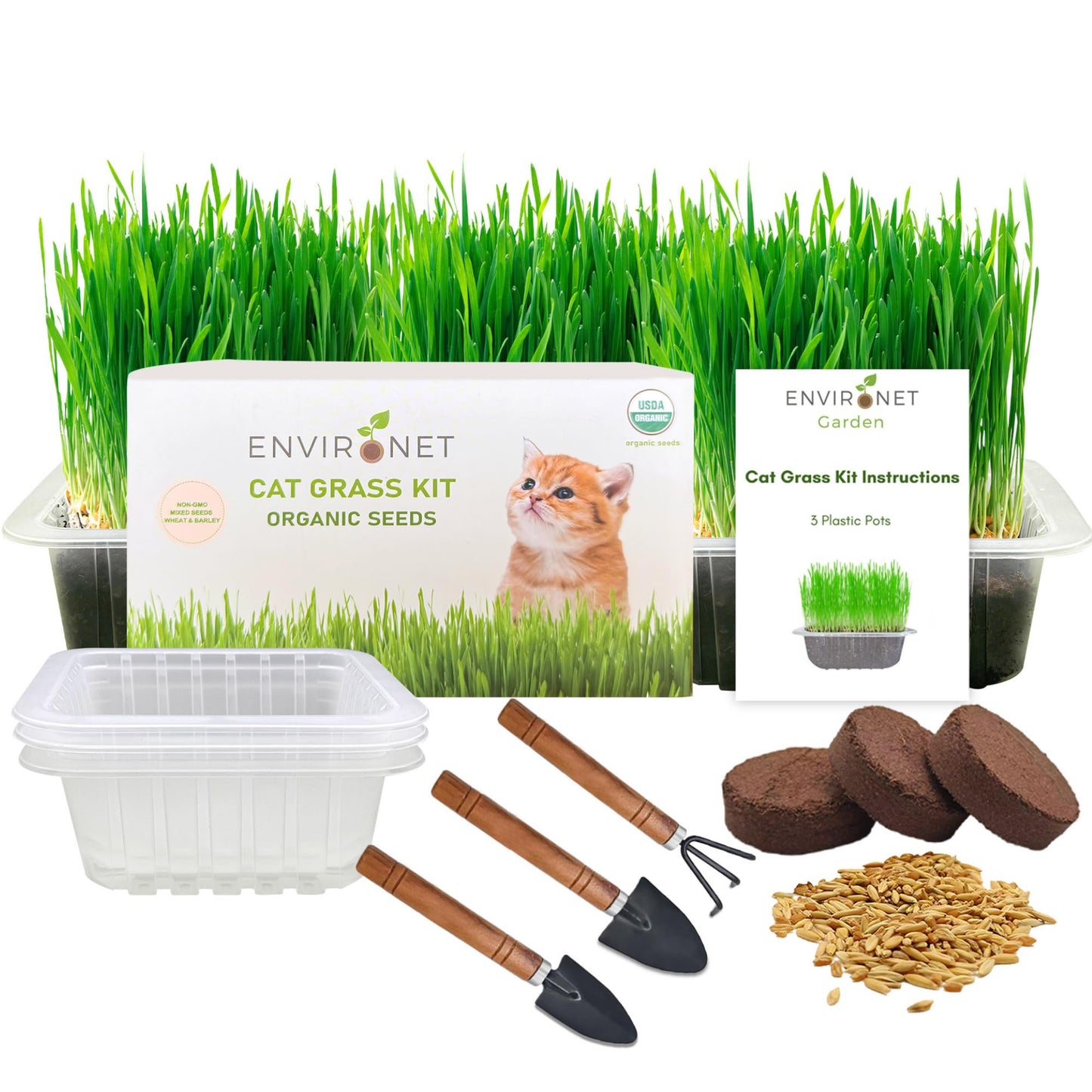 Environet Cat Grass Kit for Indoor Cat, Organic Grass Growing Kit with Seeds, Soil and Planting Tools, Quick Germination, Perfect for Beginners, 3-Pack Plastic Pots