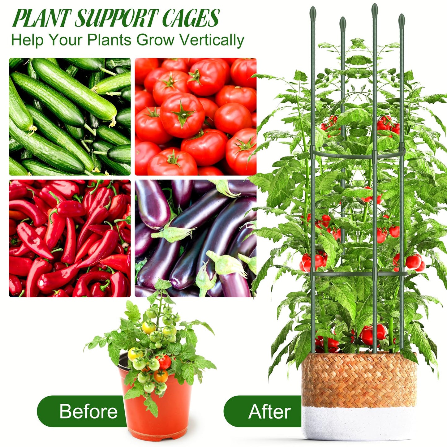 Hahood 6 Pack Tomato Cages for Garden Plant Support 64 Inches Tall Garden Trellis Plant Stakes for Indoor Outdoor Plants Climbing Plants Vegetable Fruit Crop Flower Vine, Green
