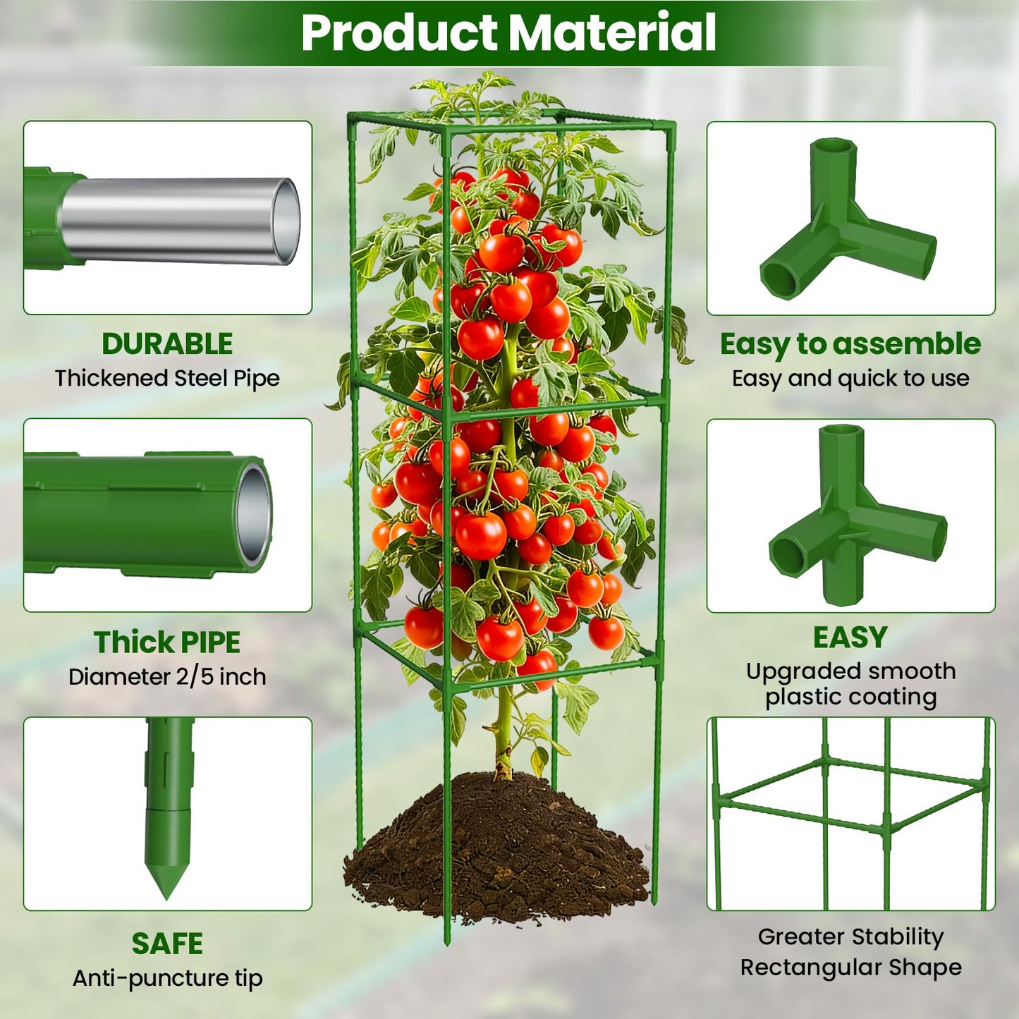 6 Pack Tomato Cages, 48'' Tall Tomato Plant Stakes Support for Raised Garden Bed Tomato, Square Trellis Cages for Garden Climbing Vegetables Flowers Fruits