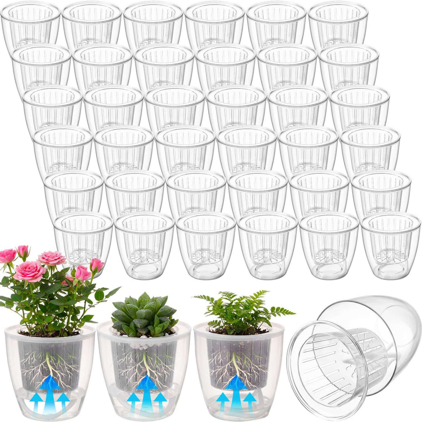 Ferrochef 36pcs Self Watering Pots 4.3 Inch Plastic Flower Plant Pot with Inner Pot Self Watering Wick Planter White Clear Flower Pots for Indoor House Plants Herbs, Flowers, Succulents (Transparent)