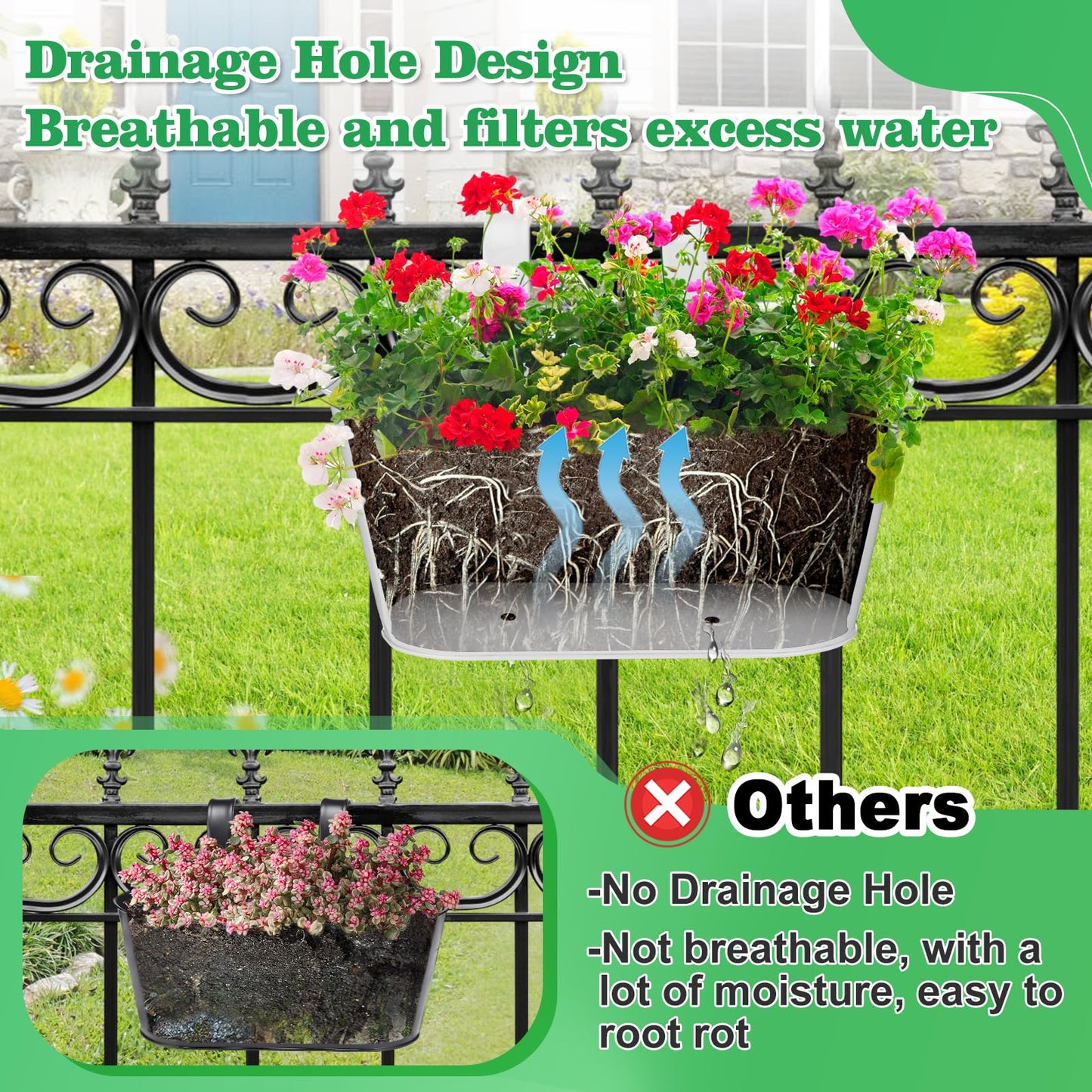 MADHOLLY Railing Planter with Drainage Holes - 6Pcs Sturdy Bucket Pots for Railing Fence, Countryside Style Metal Flower Pots for Herbs Balcony Garden Yard Decor, White