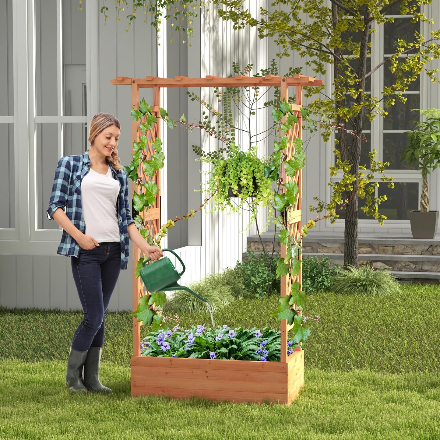 LDAILY Raised Garden Bed with Trellis, Above Ground Garden Bed with Hanging Roof, Side Trellis, & 4 Drainage Holes, Planter Box for Outdoor Climbing Plants Vines Flowers (1, 43.5"L x 17.5"W x 72"H)