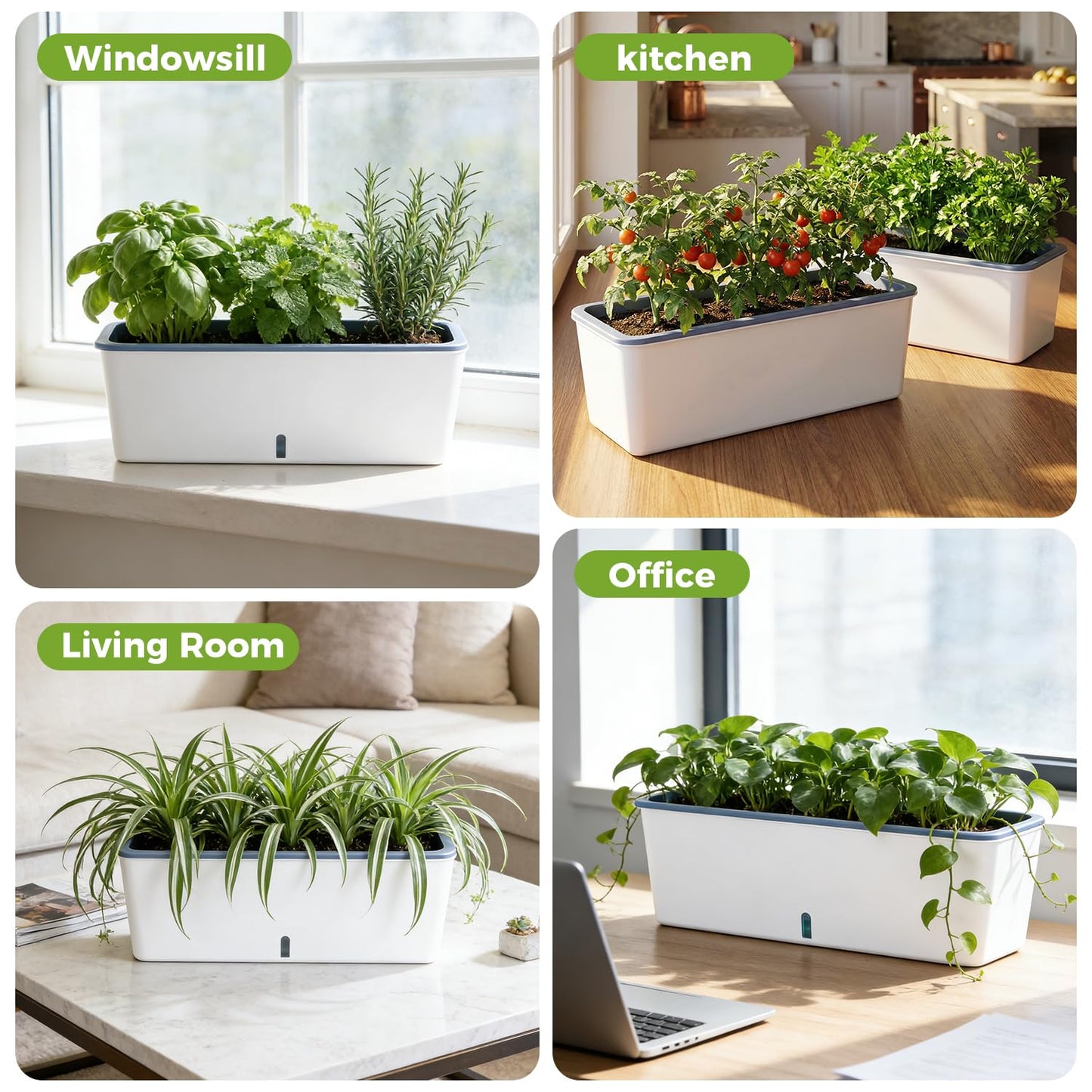 2 Pack Rectangular Planter 17 x 4.5 in Self Watering Planter Window Sill Planters Indoor Rectangle Planter Self Watering Pots Plastic Plant pots with Drainage Holes White Flower Pot Indoor