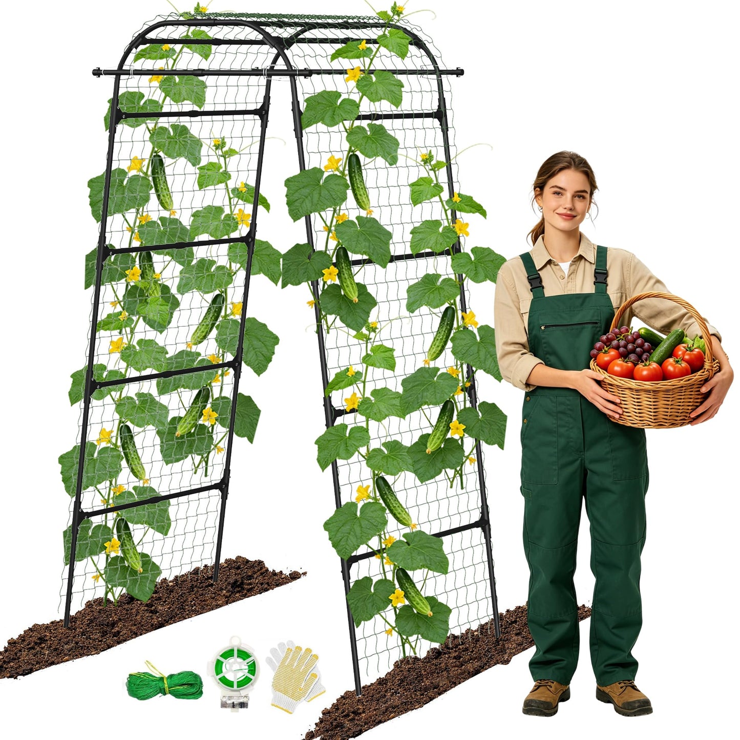 Cucumber Trellis for Raised Bed, U-Shape Metal Garden Arch, Rustproof PE-Coated Plant Support for Cucumbers, Beans, Tomatoes, Squash, Flowers (Black, 31.5 * 49.2 * 82.7inch(L*W*H))