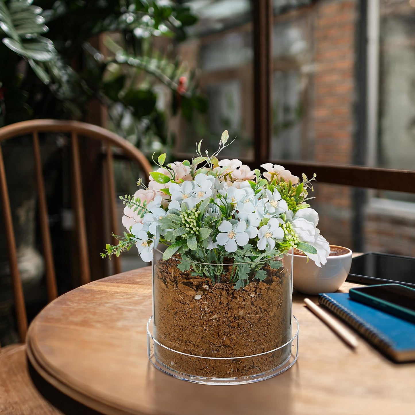 Sunnychicc Clear Plant Nursery Pots Acrylic Orchid Pots with Drainage Holes and Tray Transparent Planter for Indoor Plants, Succulents, Herb, Flowers and Cactus Decorative(8 Inches,Circle)