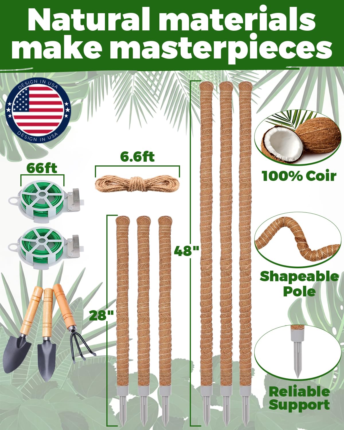 DKP 6 Pack Tall Moss Pole & Monstera Plant Support: Includes (3) 28in & (3) 48in Coco Coir Poles + 3-Piece Iron Gardening Tools for Creeper Plant Support, Pothos, Indoor Climbing Plants