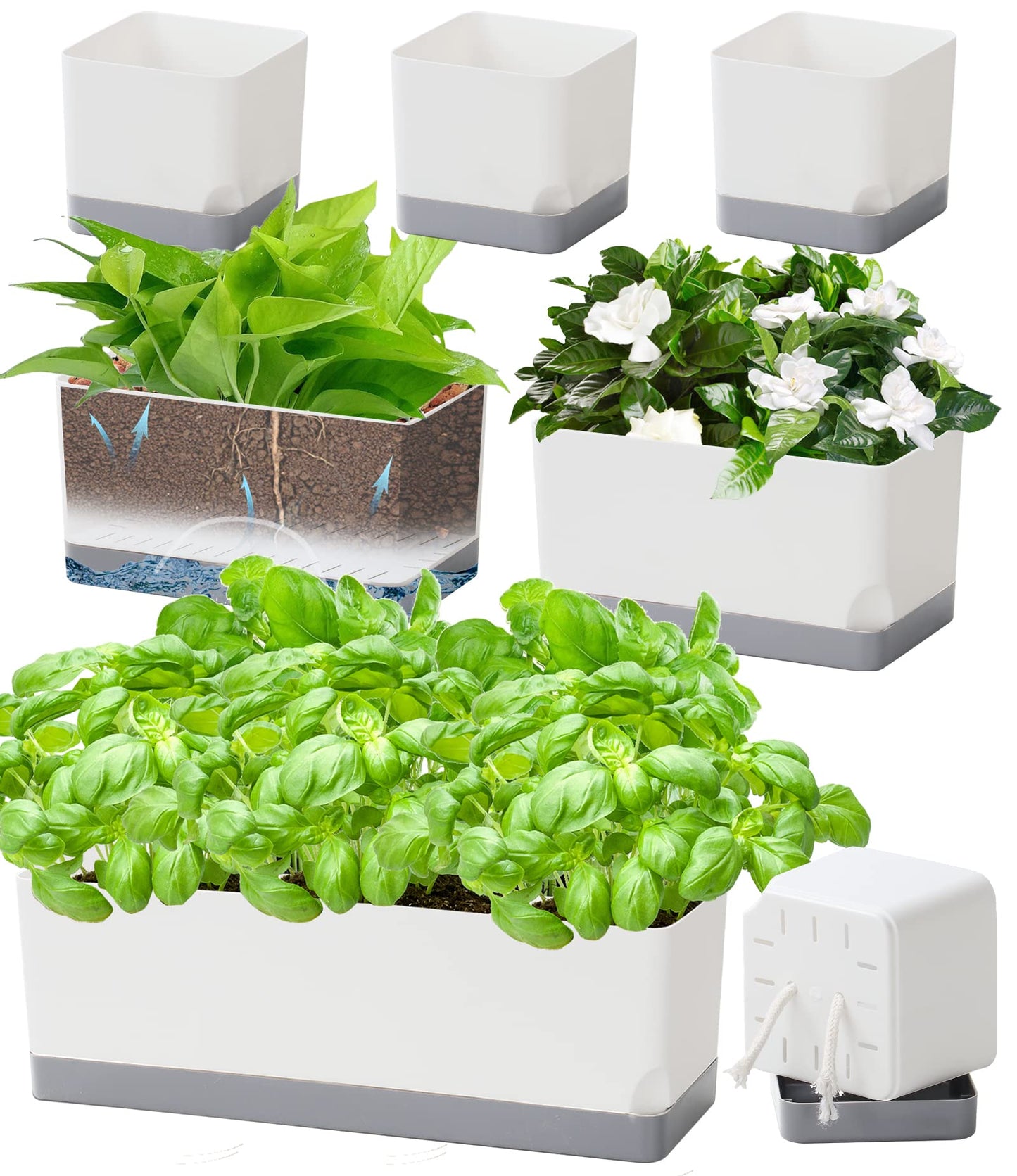 Vugosson Self Watering Planters Pots for Indoor Plants, 7 Pack Plastic Planter Box Flower Pots for Indoor Outdoor Plants, Rectangle Herb Planter Window Boxes Planterswith Drainage, Light Gray Tray