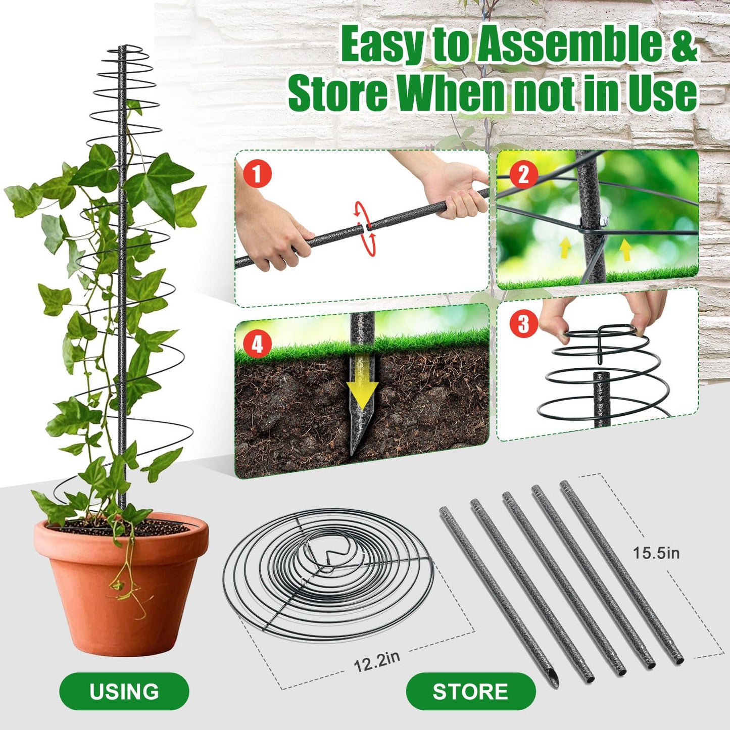 Spiral Frame Garden Trellis for Climbing Plants Outdoor - 12-72" Adjustable Heavy Duty Metal Support for Pole Beans,Snap Peas,Tomatoes,Cucumbers,Anti-Tip Plant Tower for Raised Beds, Backyard