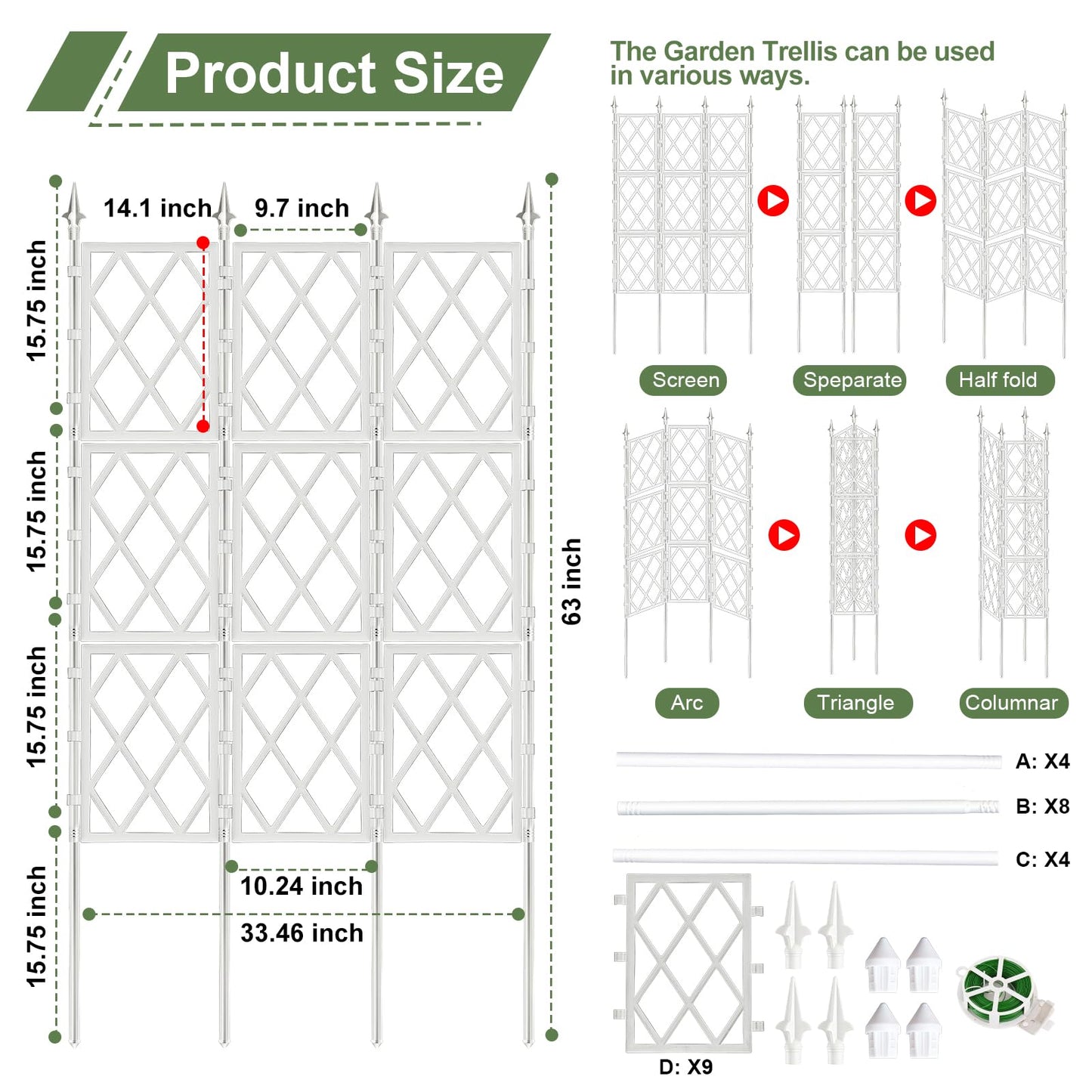 5.25FT Garden Trellis for Climbing Plants Outdoor,White Iron Pipe Support Fence,Metal Wall Lattice Climbing Frame for Potted Plants Indoor for Ivy Vines Vegetable Flower, Patio, Lawn, Yard, Backyard