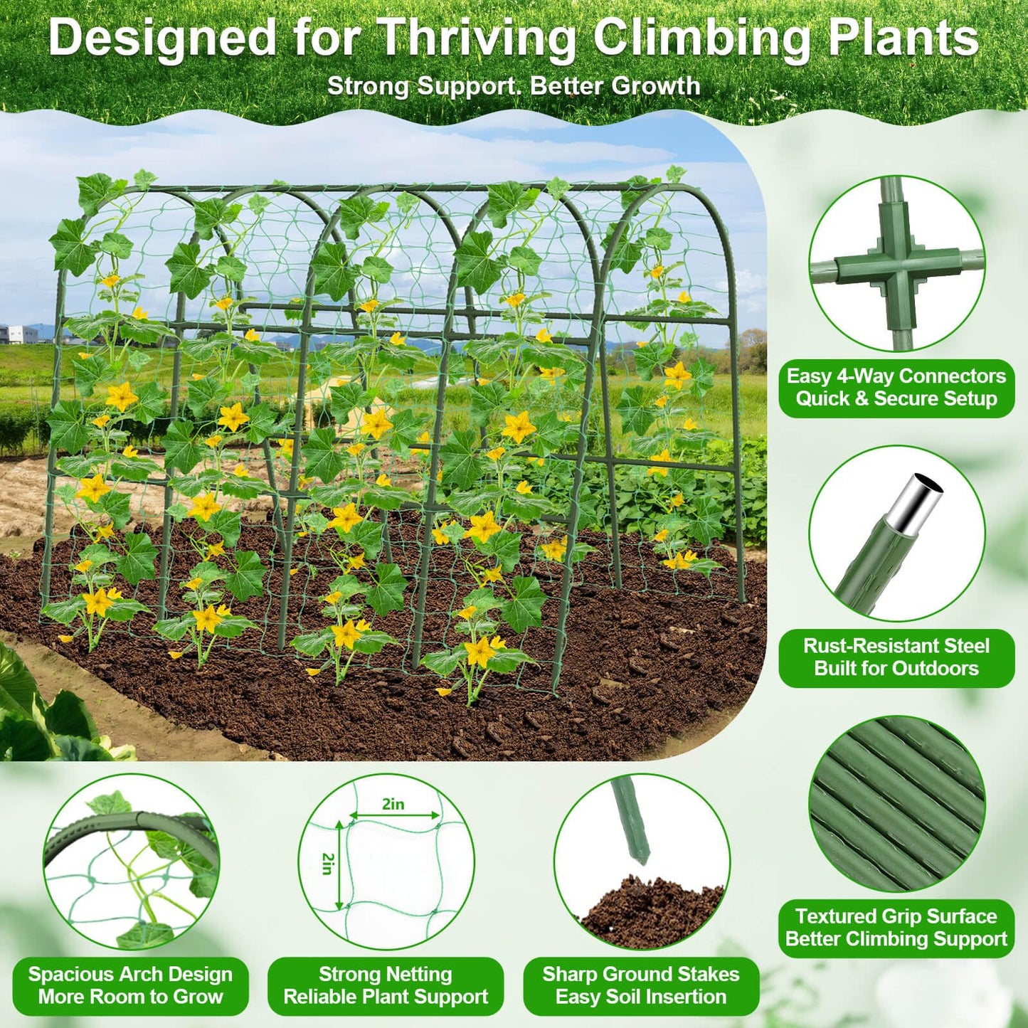 Cludoo Cucumber Trellis for Raised Bed Garden, U-Shape Arch Trellis for Climbing Plants Outdoor, Metal Vegetables Trellis with Netting, Garden Trellis for Cucumber Plants Sweet Pea Bean Grape